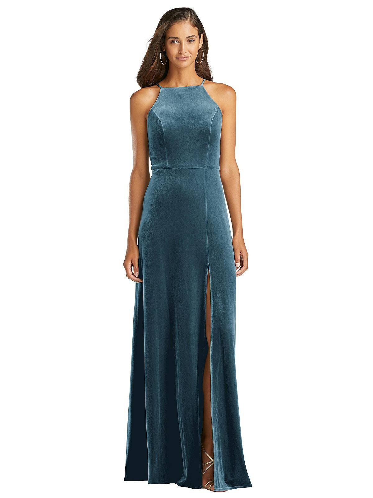 Shop Lovely Velvet Halter Maxi Dress With Front Slit - Harper In Blue