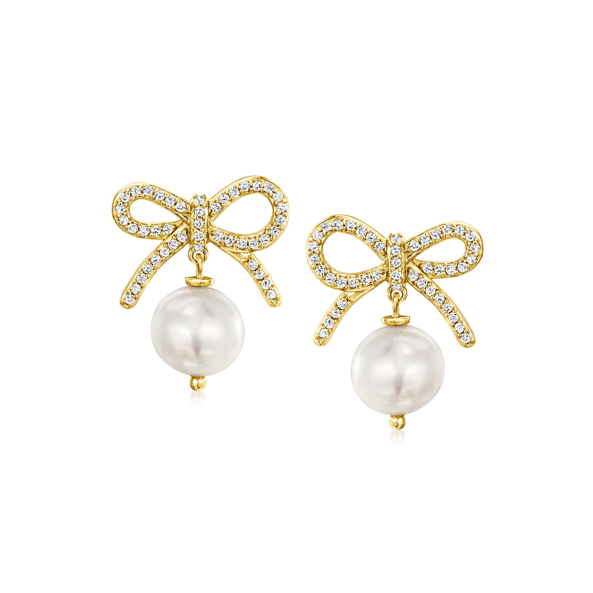 Ross-simons 9-9.5mm Cultured Pearl And . White Topaz Bow Drop Earrings In 18kt Gold Over Sterling In White