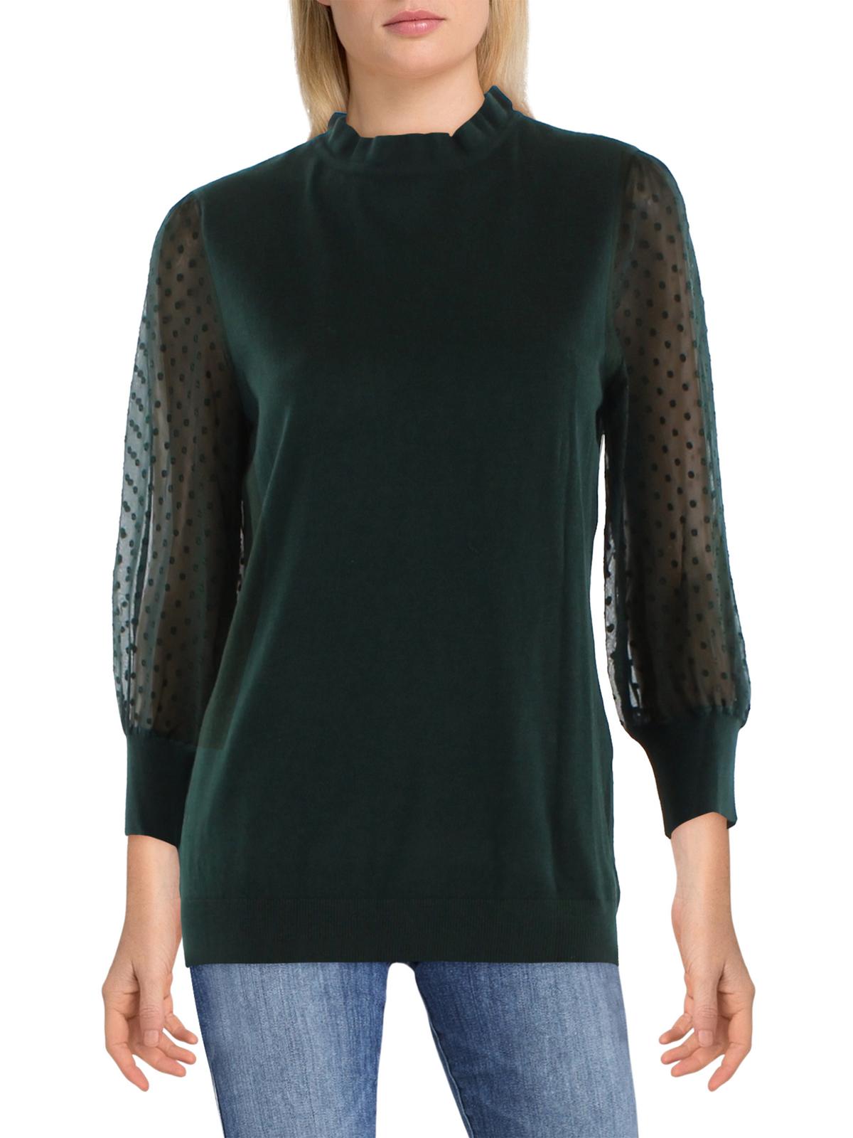 Shop Adrianna Papell Womens Clip Dots Sheer Sleeves Pullover Top In Green