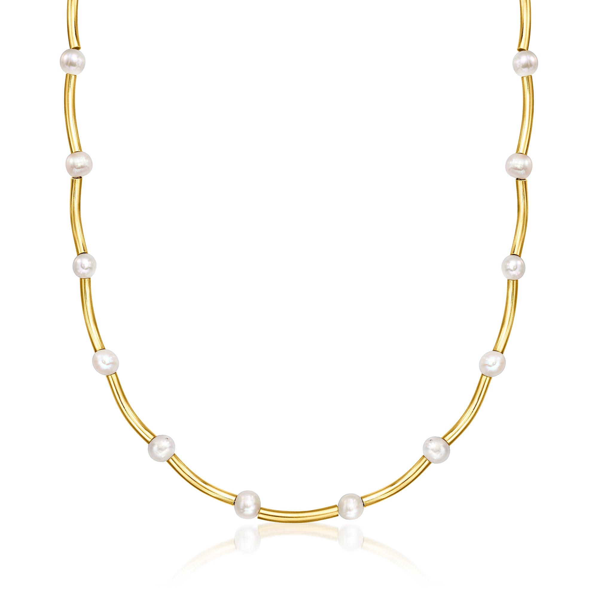 Ross-simons Italian 7-7.5mm Cultured Pearl And 18kt Gold Over Sterling Curved-link Necklace