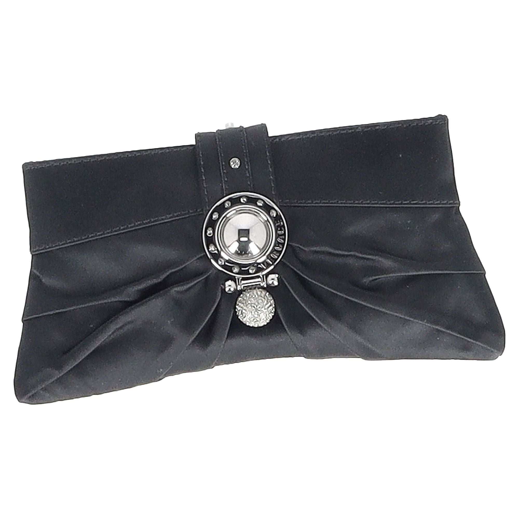 image of Versace Crystal-Embellished Clutch in Black Satin