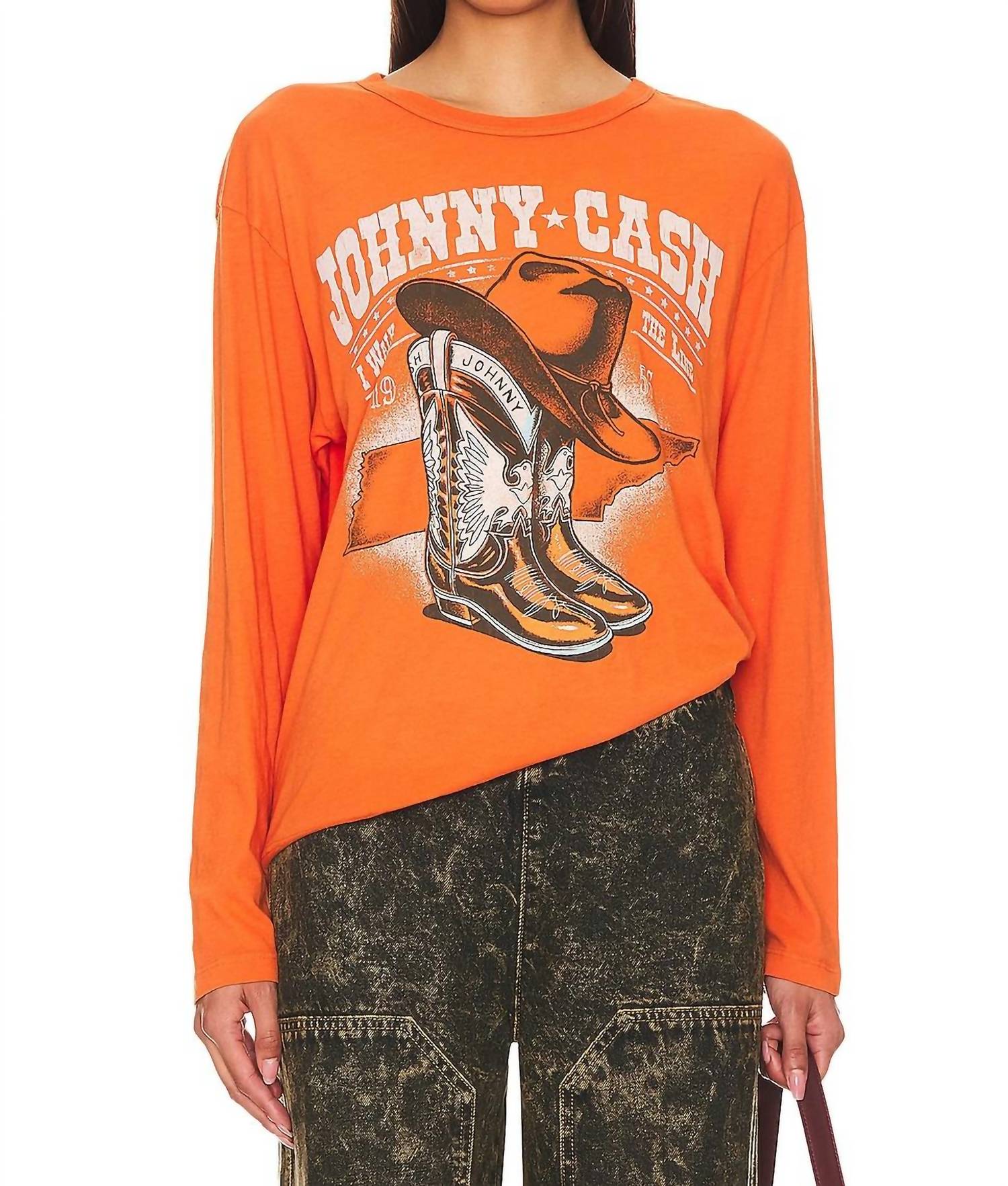 Shop Daydreamer Johnny Cash Boots And Hat Ls Crewneck Tee In Tangerine In Orange