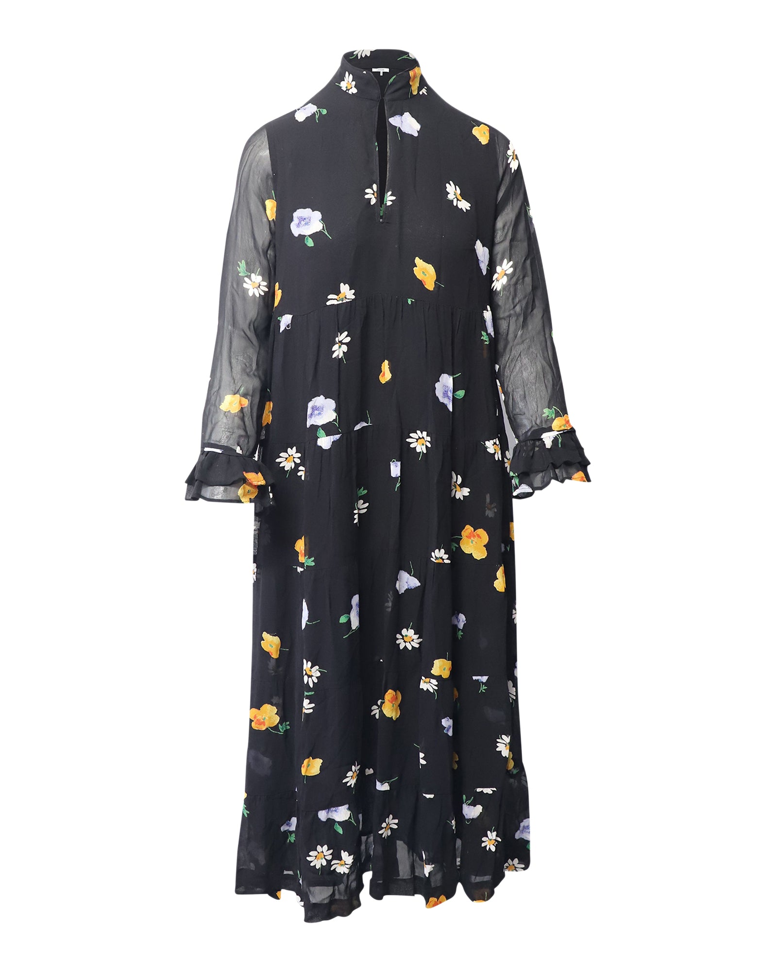 Image of Ganni The Kate Tiered Midi Dress in Black Print Viscose