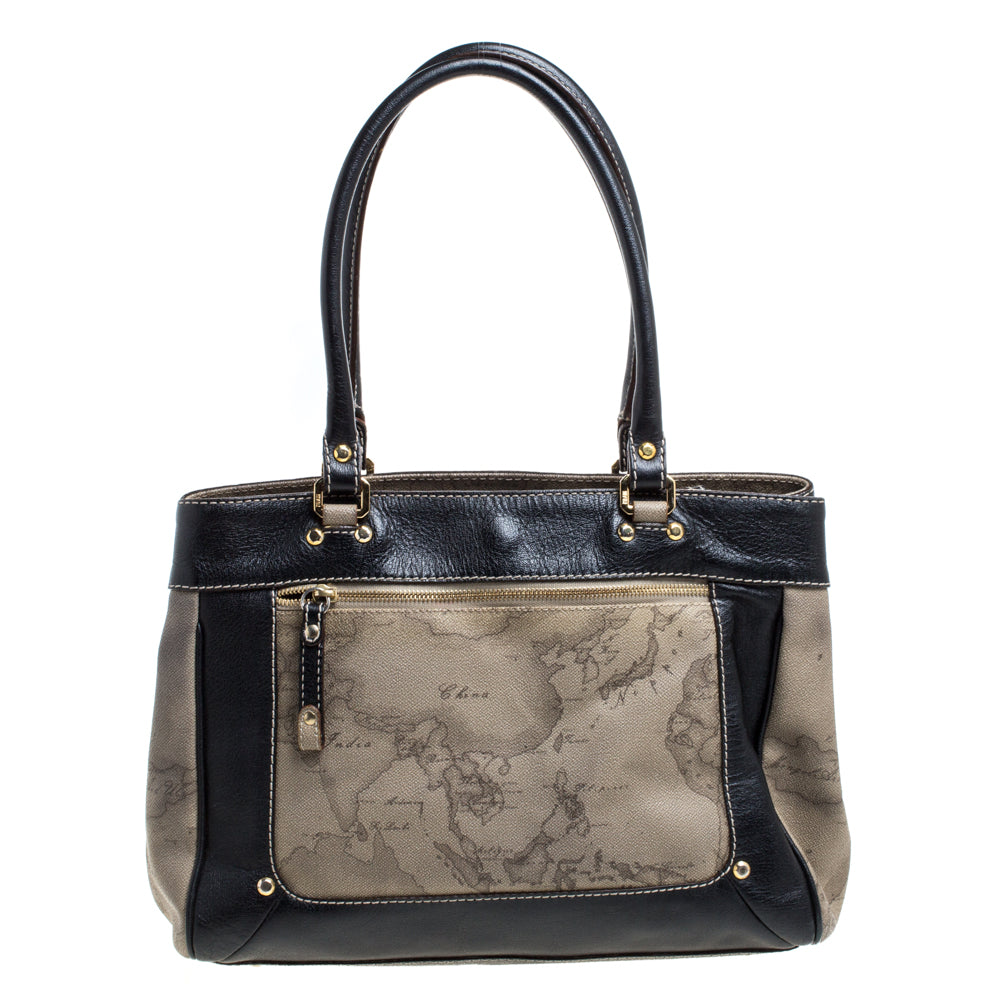 Alviero Martini 1a Classe Geo Print Coated Canvas And Leather Tote In Brown