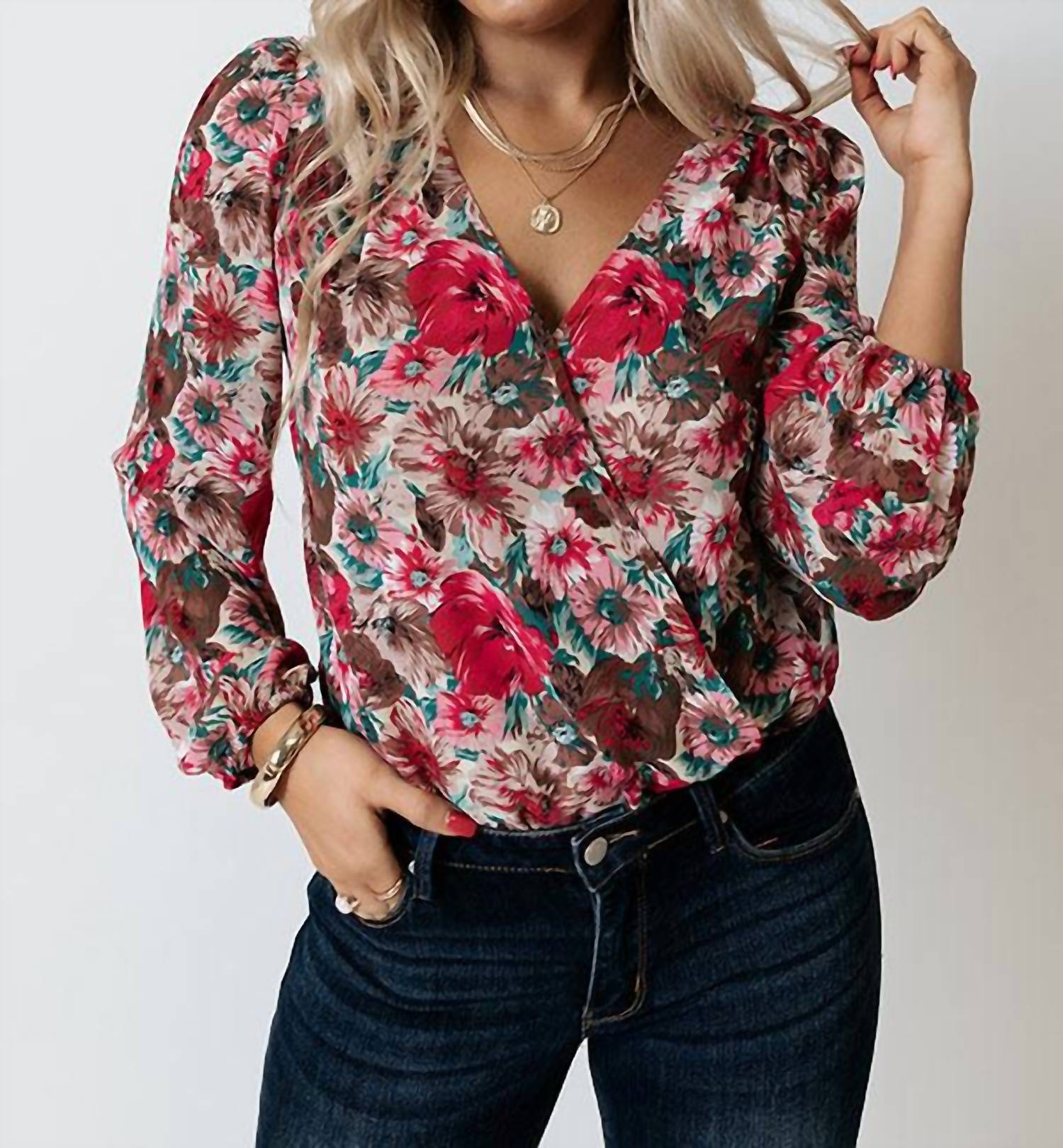 Kori Floral Cross Over Bodysuit In Rose In Multi