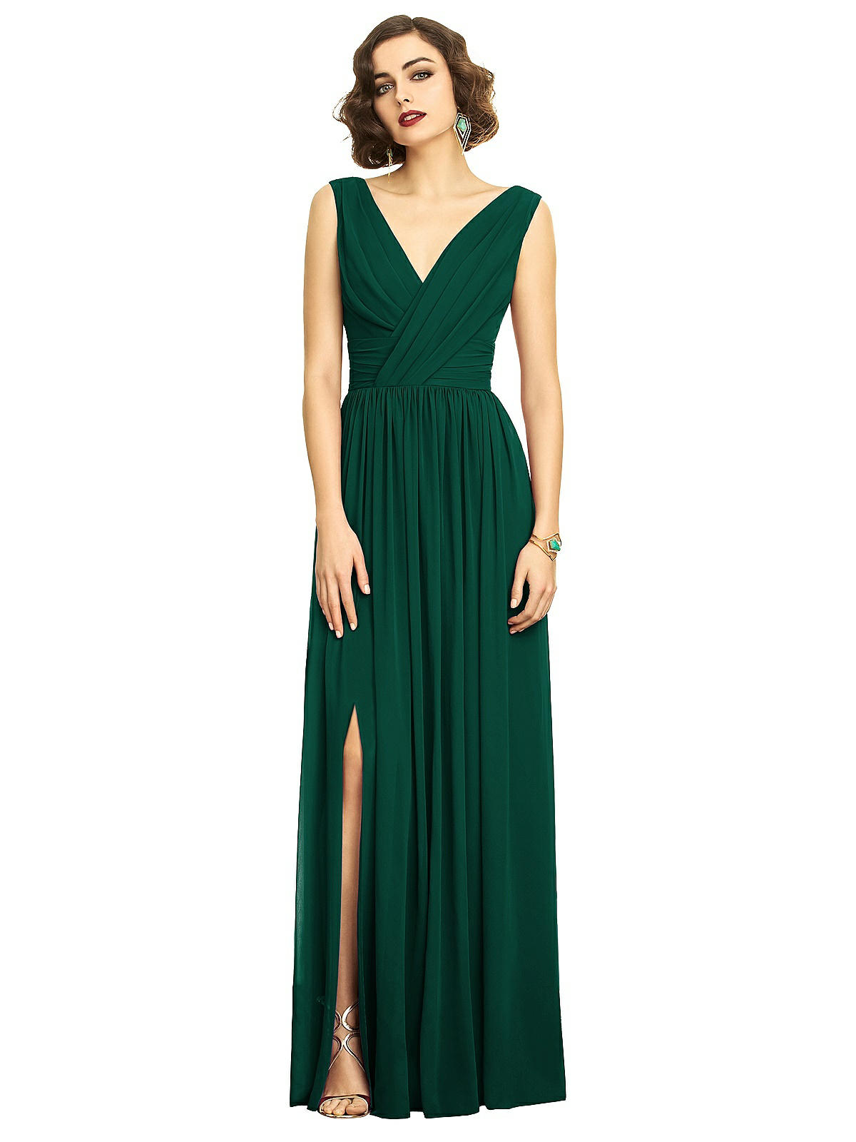 Shop Dessy Collection Sleeveless Draped Chiffon Maxi Dress With Front Slit In Green