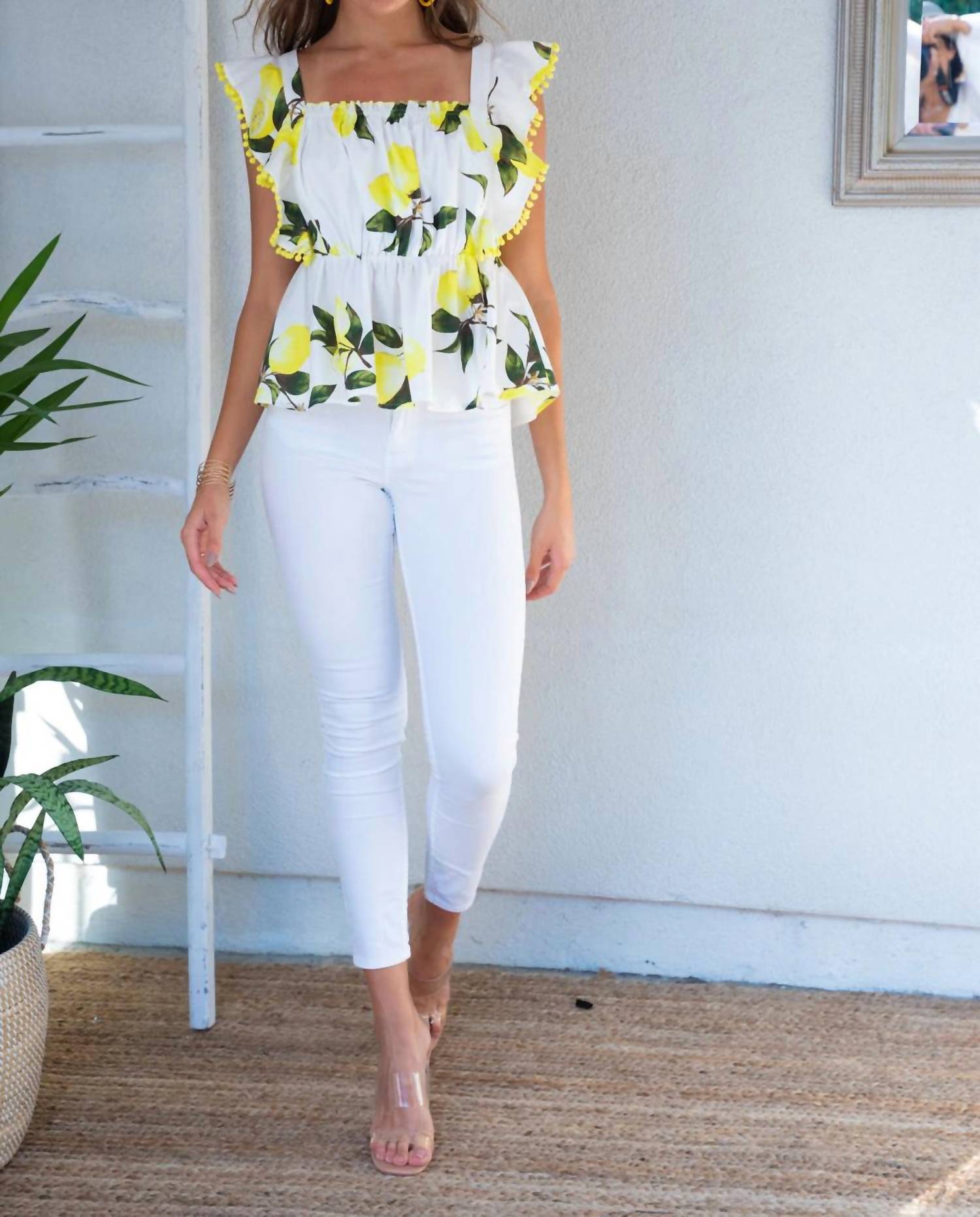 Shop Btfl-life Poplin Ruffle Top In Lemon Zest In White