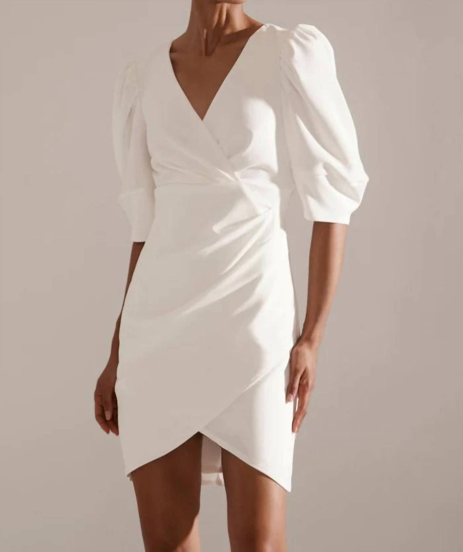 Shop Krisa Crepe Wrap Puff Sleeve Dress In Ivory In White