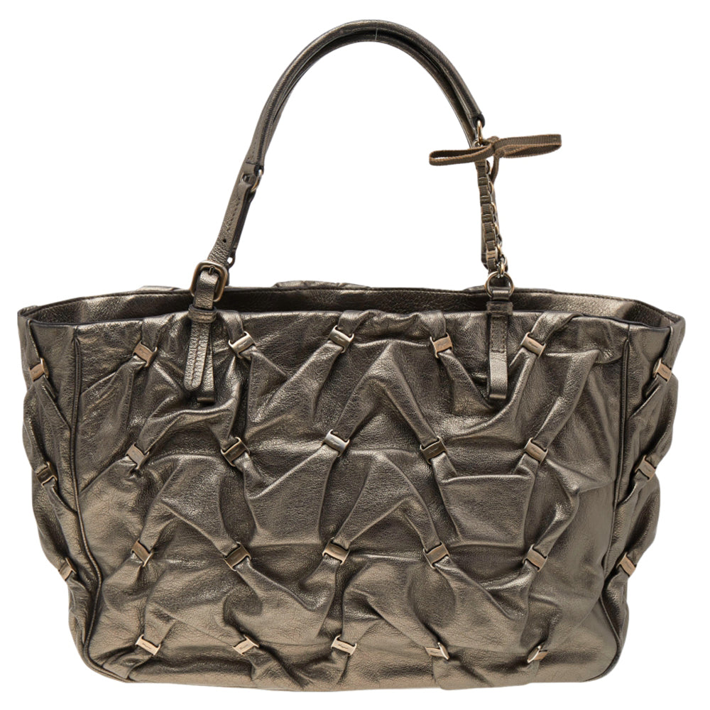 image of Salvatore Ferragamo Metallic Olive Leather Tote