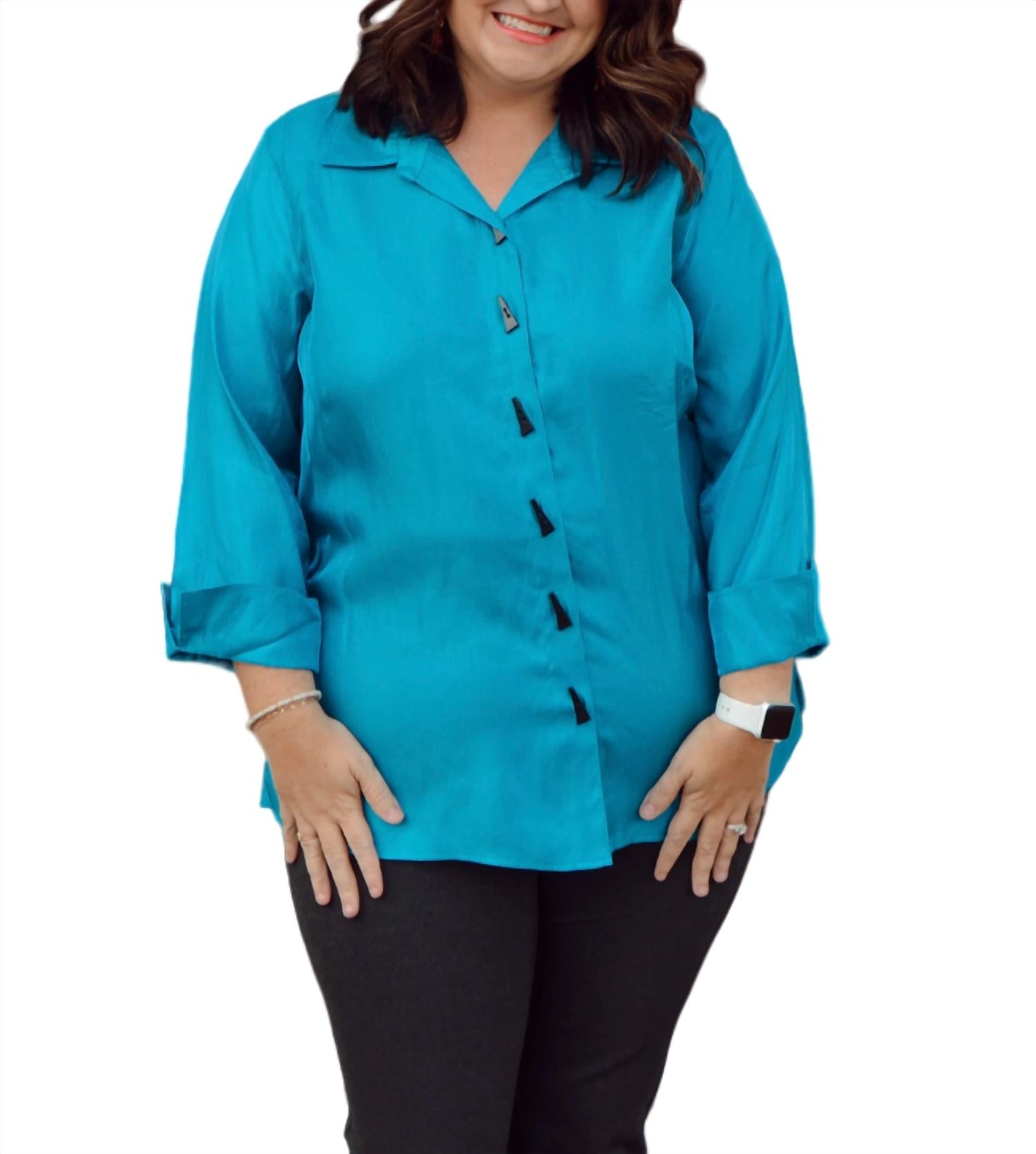 Multiples Turn-up Cuff Button Front High Low Shirt In Bright Teal In Multi