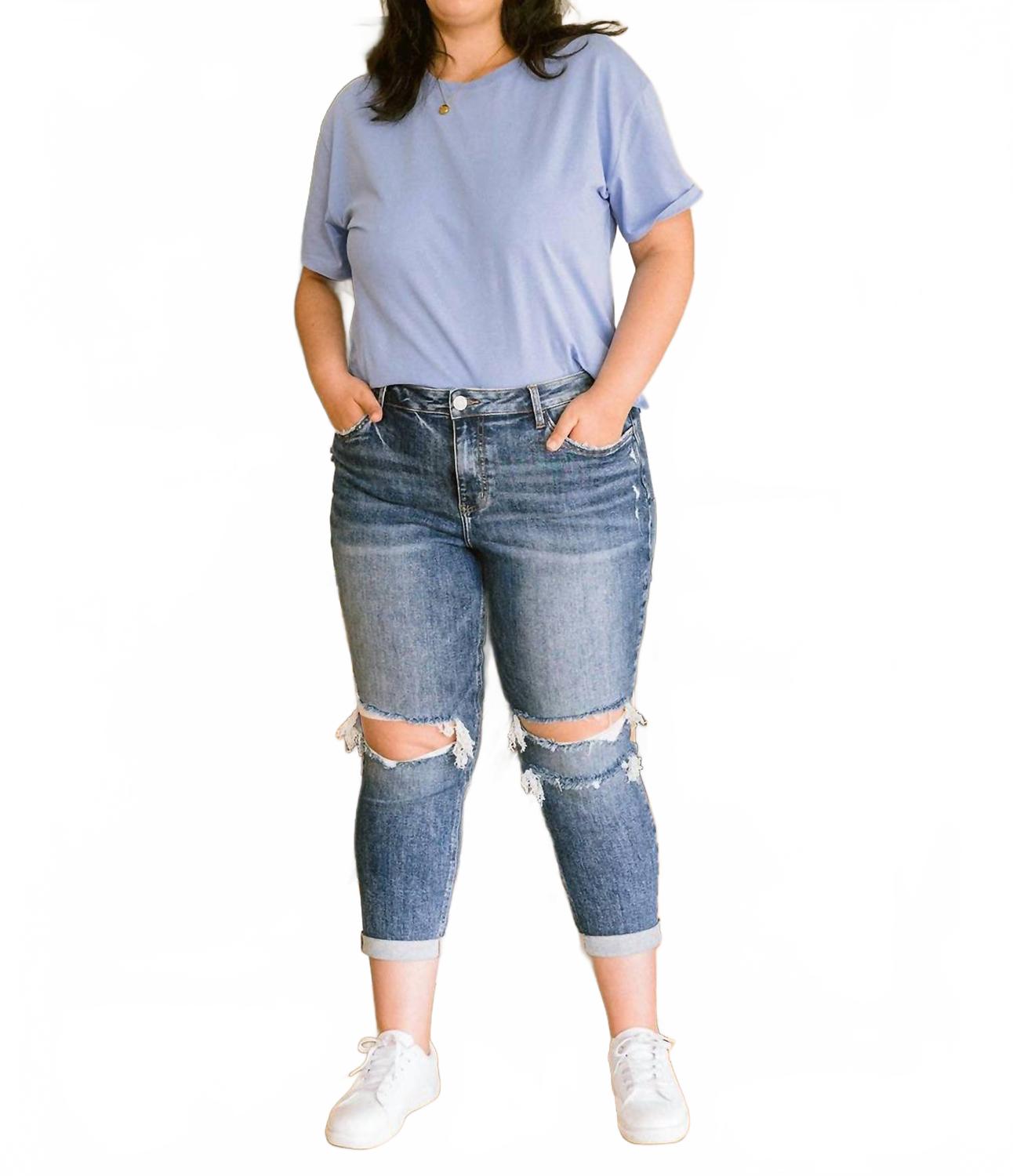 Lovervet Plus Size High Rise Rolled Cuff Boyfriend Jeans In Med Blue