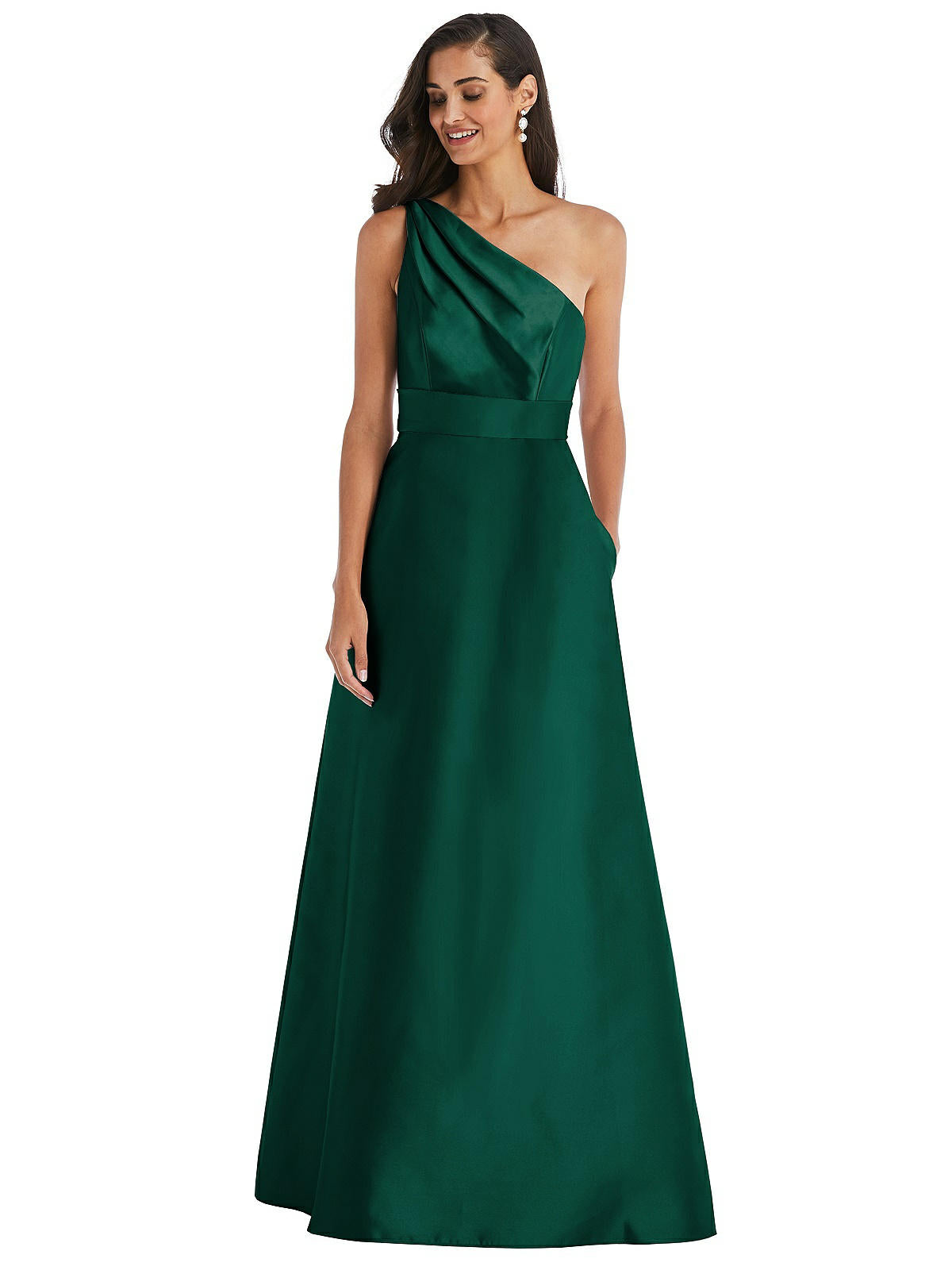 Shop Alfred Sung Draped One-shoulder Satin Maxi Dress With Pockets In Green