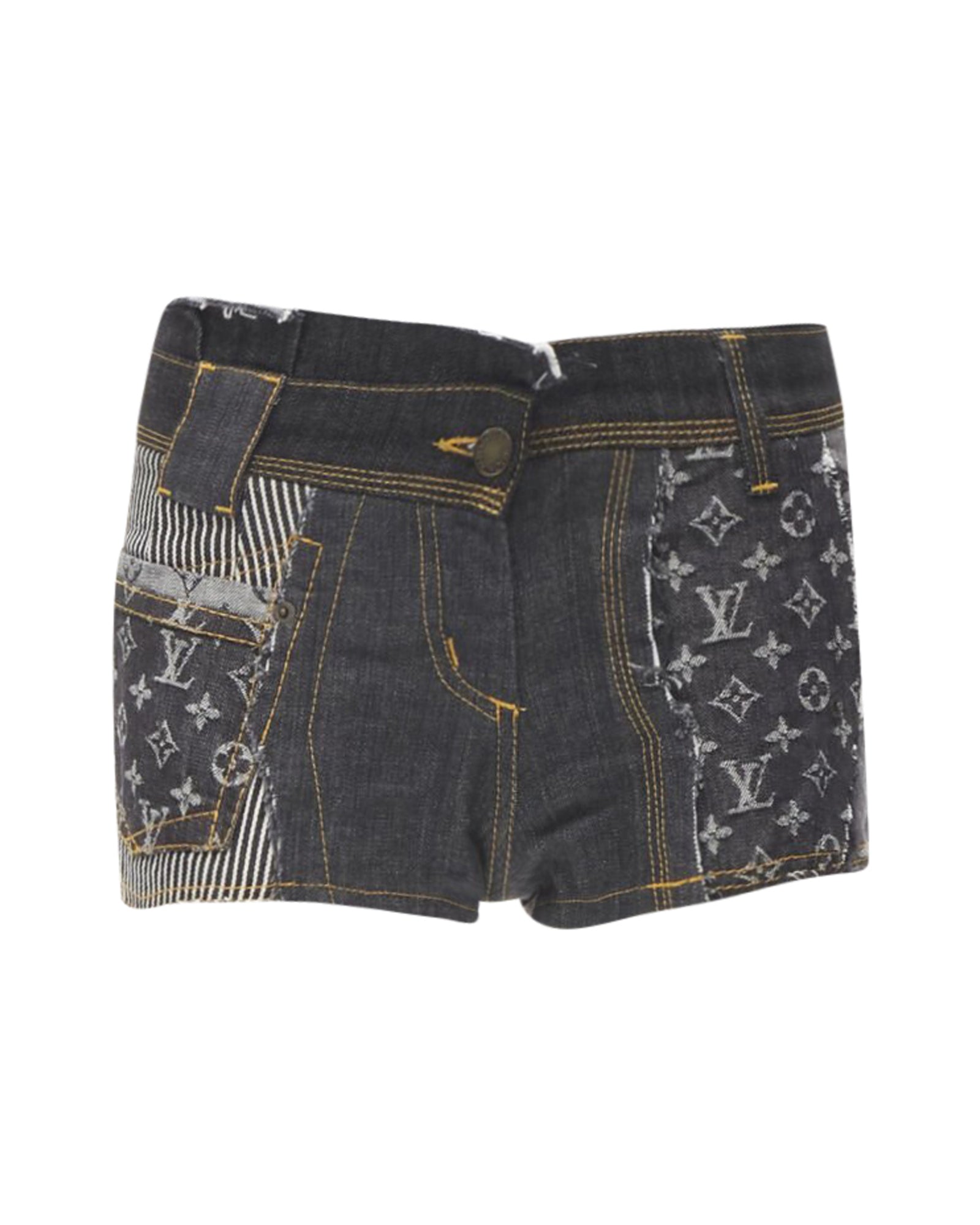 Pre-owned Louis Vuitton Rare  Lv Mongram Jacquard Raw Cut Patchwork Shorts In Grey