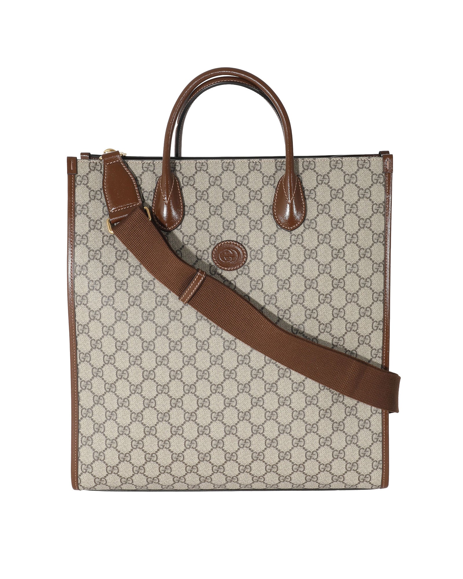 image of Gucci Beige GG Supreme Canvas Brown Leather Medium Interlocking G Tote