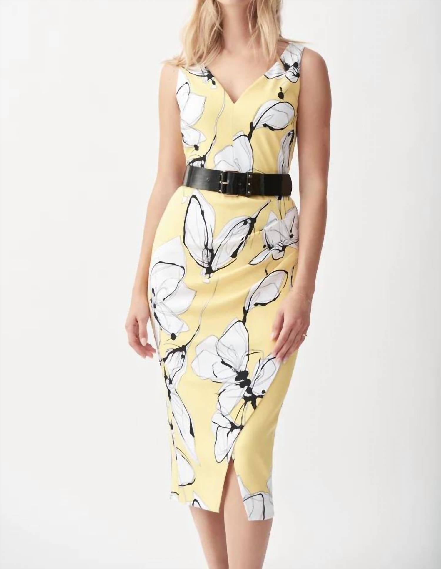 Shop Joseph Ribkoff Belted Sleeveless Floral Dress In Yellow/white In Beige