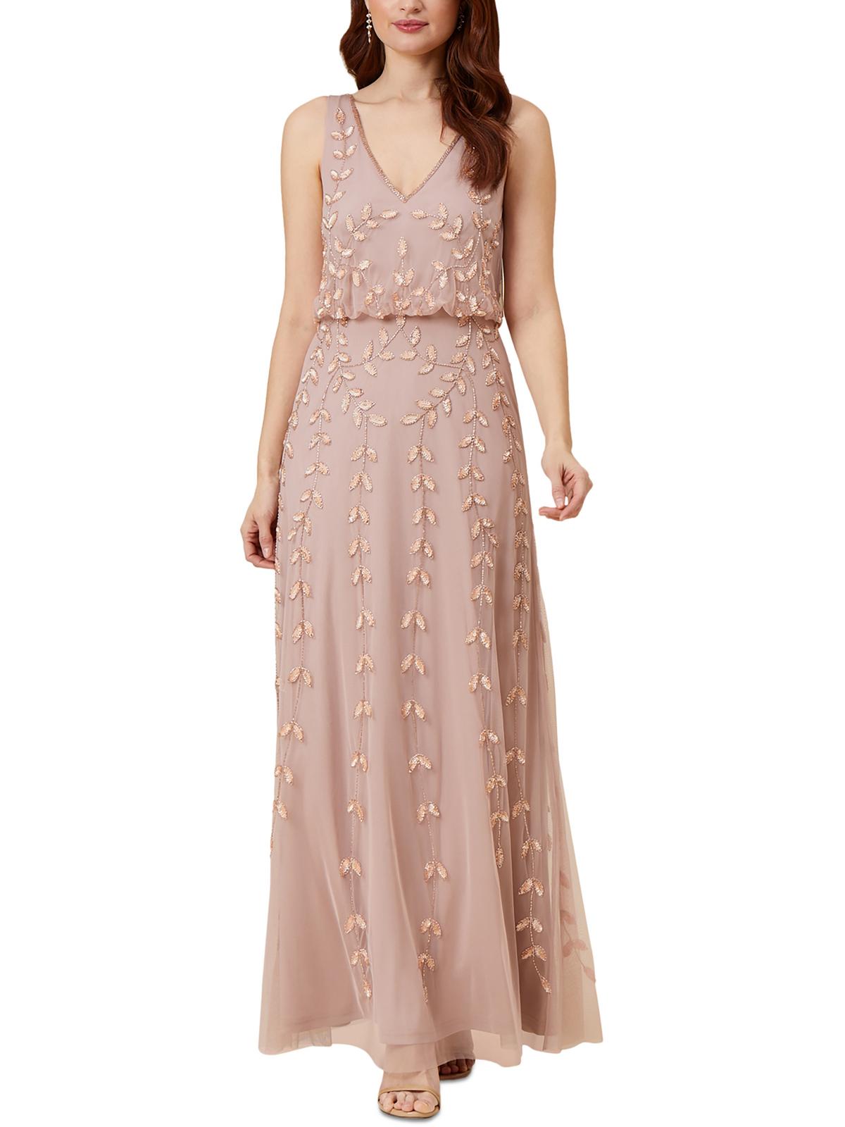 Adrianna Papell Womens Beaded Mesh Evening Dress In Pink