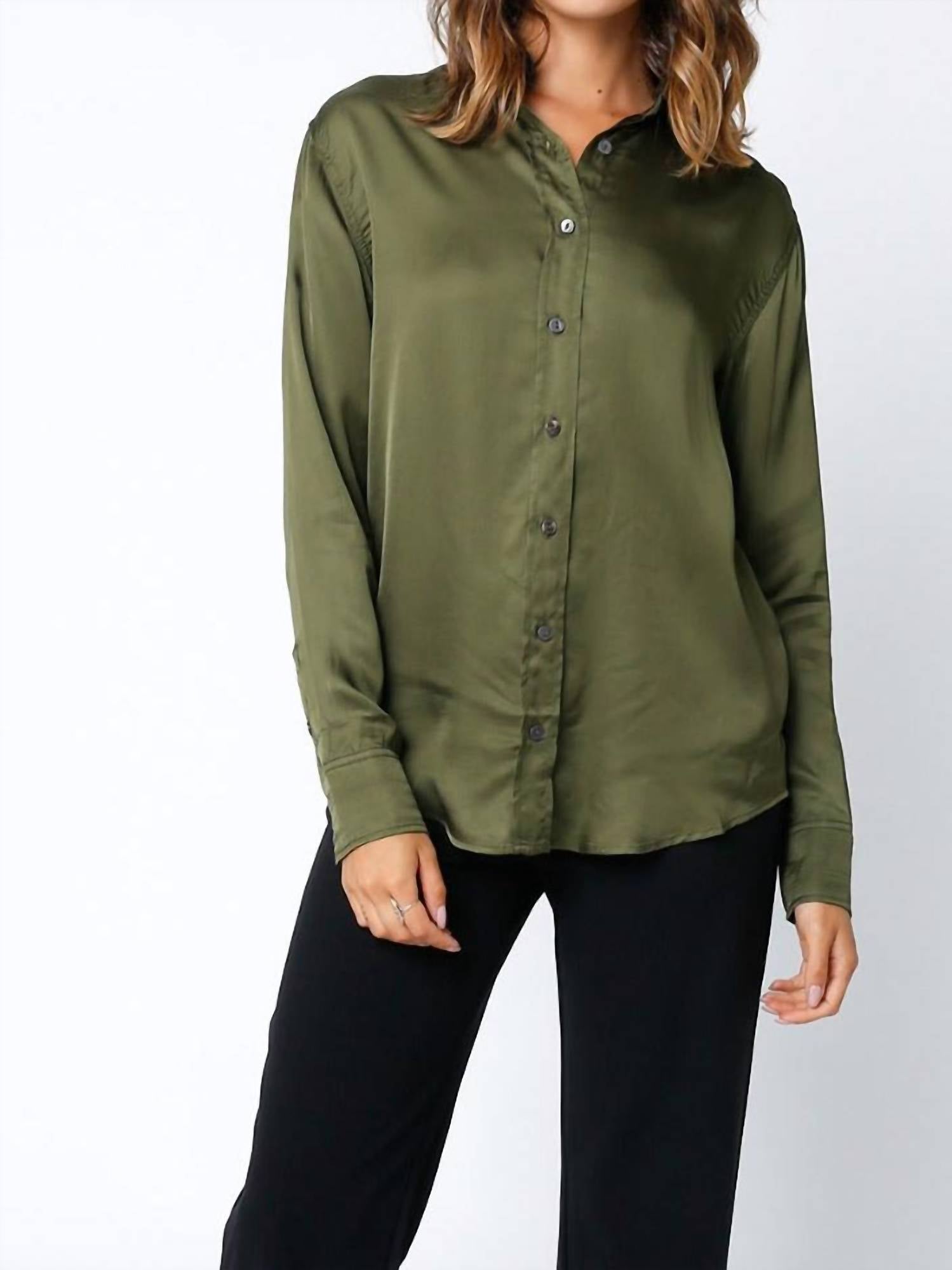 Shop Olivaceous Everest Satin Button Down Blouse In Tort In Green