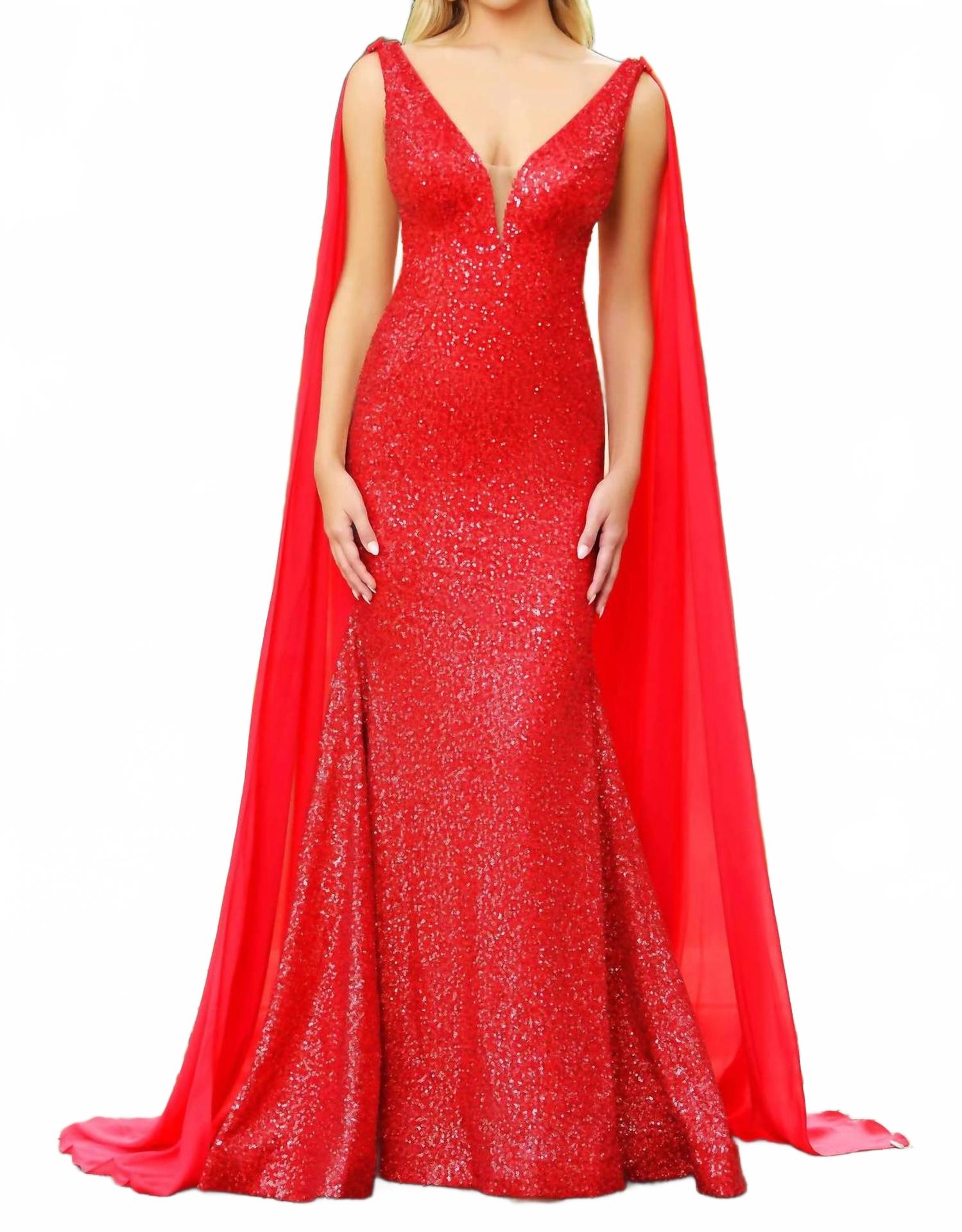 Ava Presley Fitted Sequin Evening Gown With Cascading Sash In Red In Red