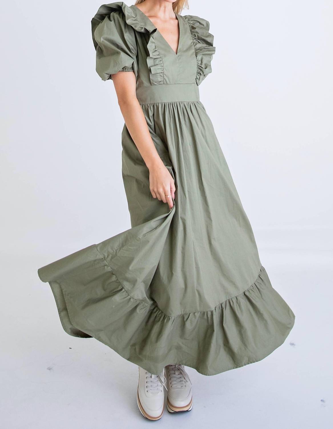 Shop Karlie Ruffle Puff Sleeve Maxi Dress In Green