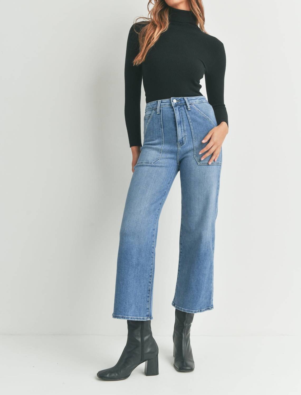 Shop Just Black Denim Cargo Wide Leg Jeans In Medium Denim In Blue