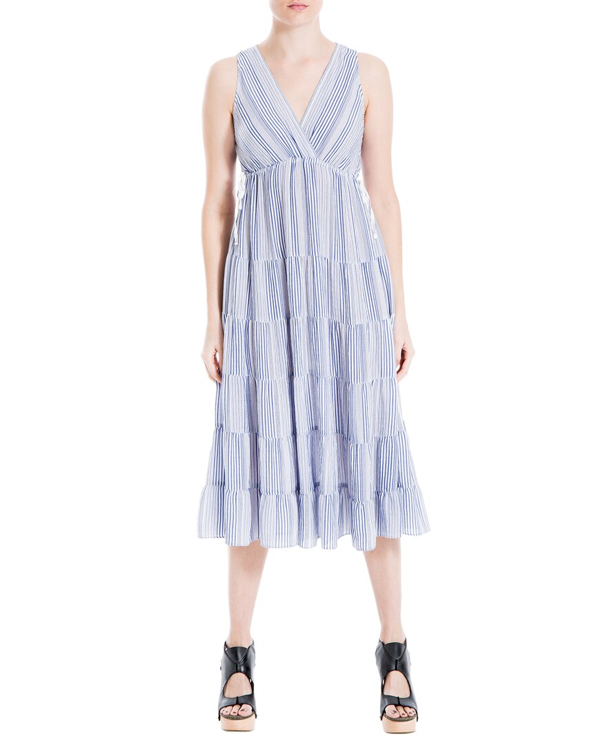Max Studio Yarn Dye V Neck Tiered Midi Dress In Blue