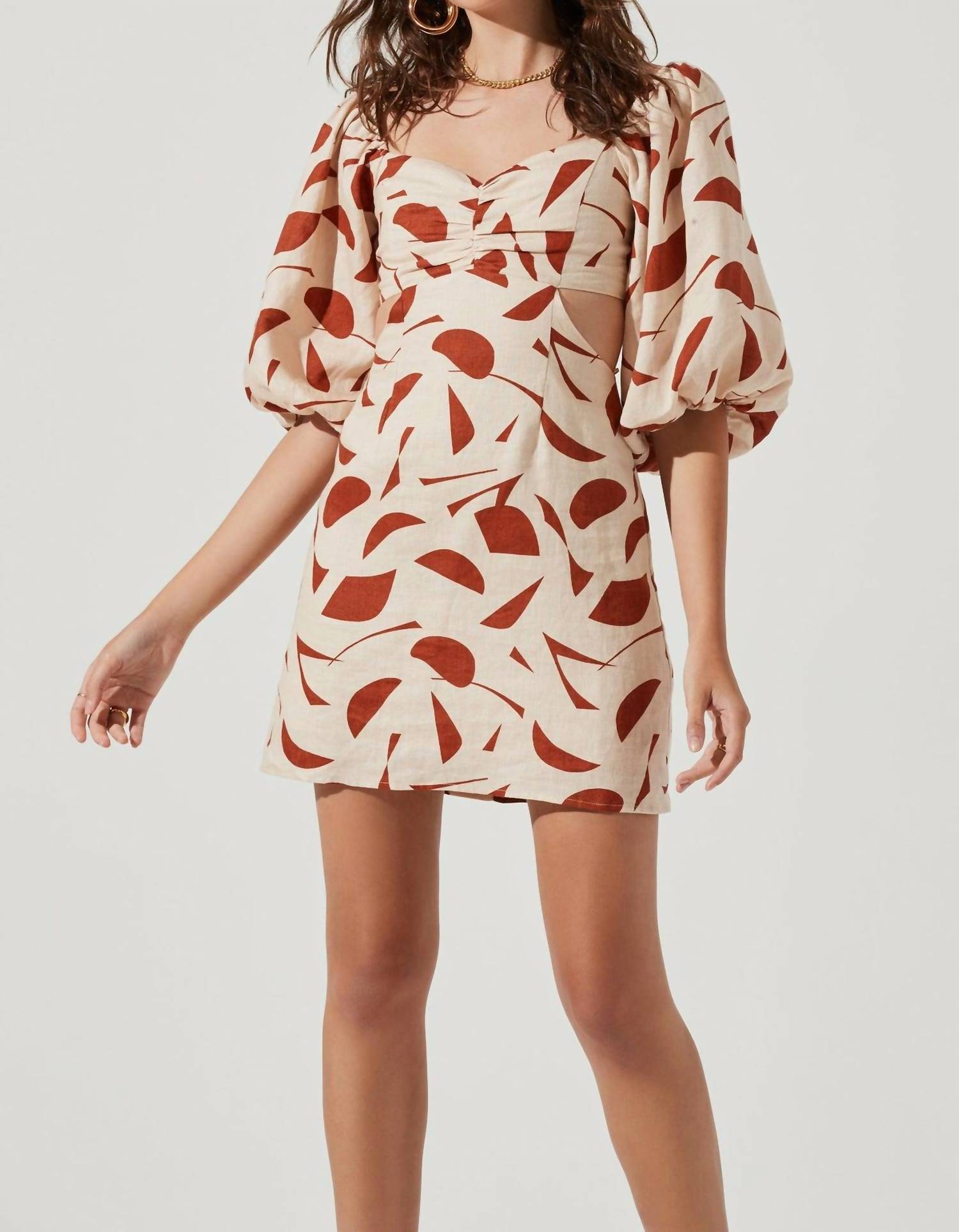 Shop Astr Heather Abstract Print Cutout Bubble Sleeve Mini Dress In Rust Abstract In Beige