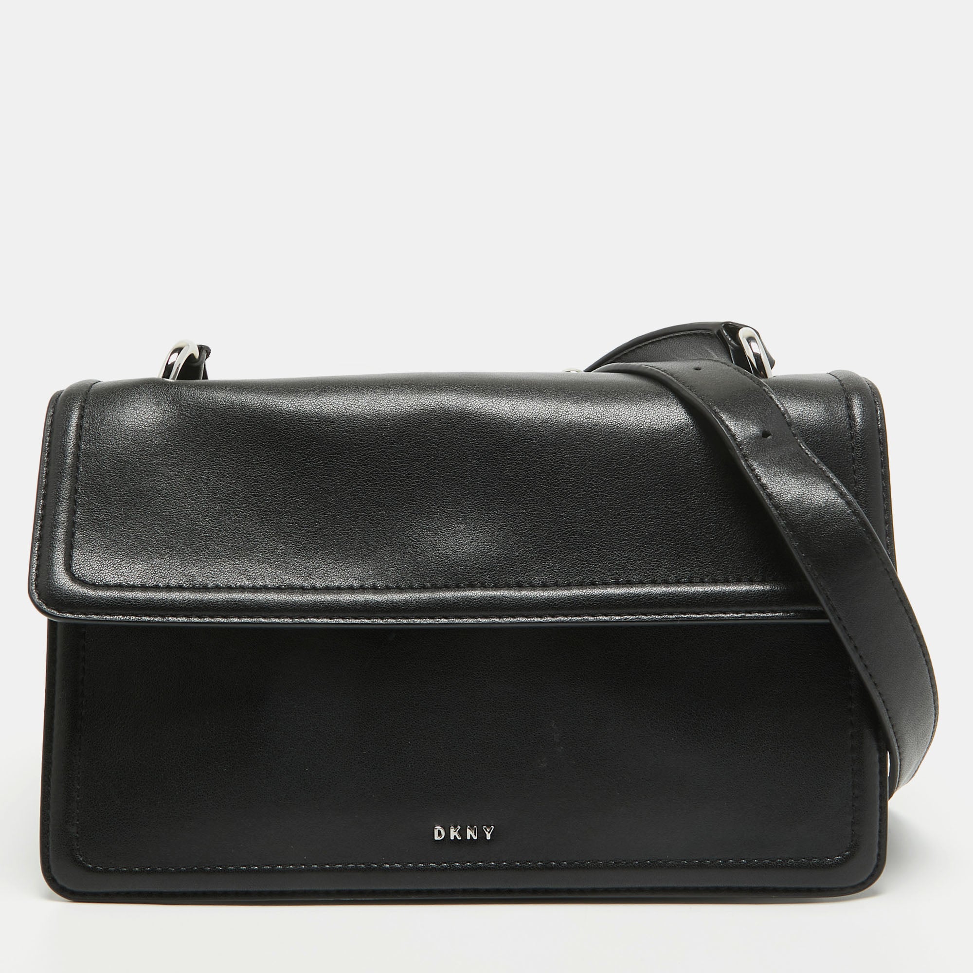 Shop Dkny Leather Flap Shoulder Bag In Black