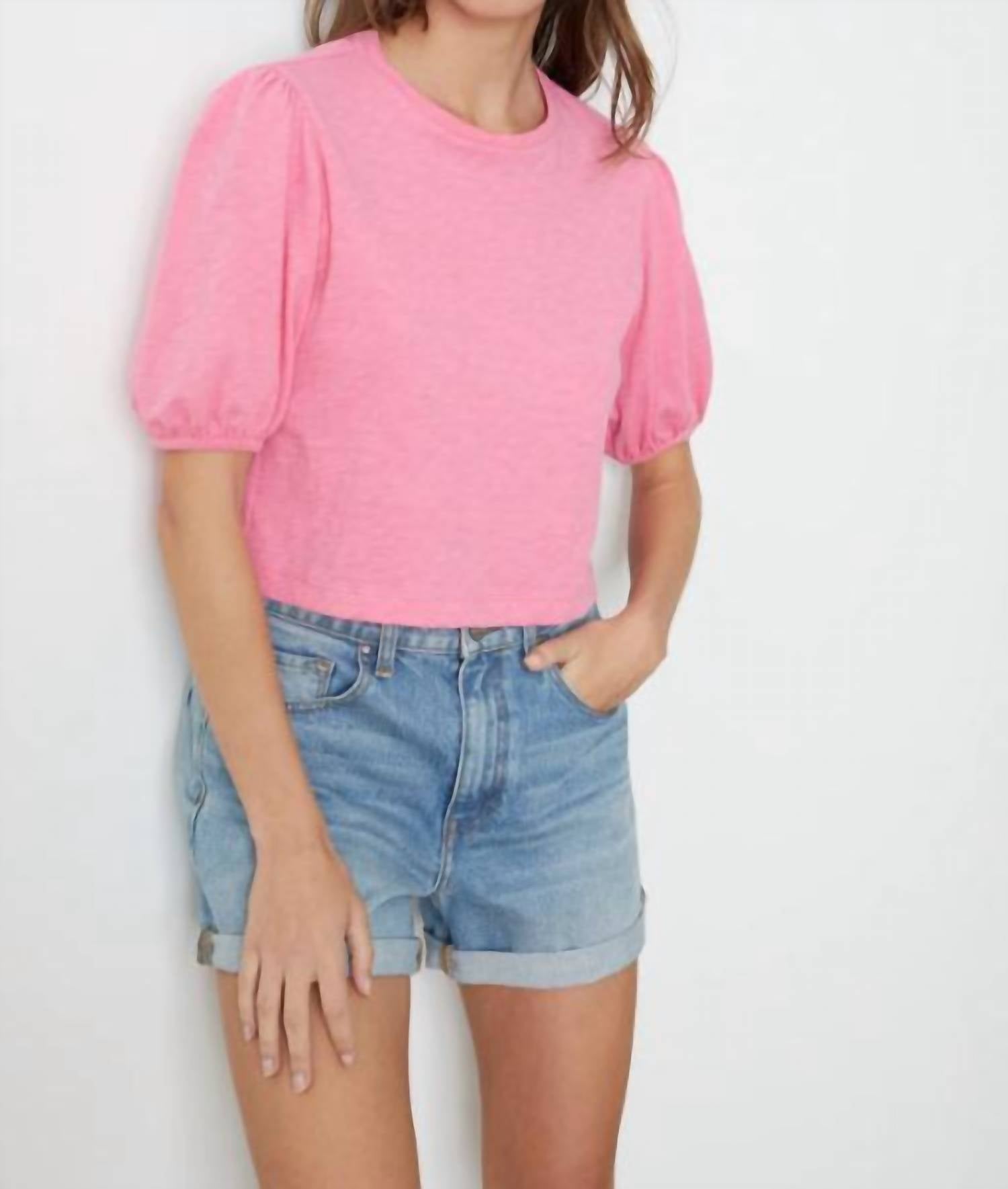 Shop Velvet By Graham & Spencer Hilary Puff Sleeve Cropped Tee In Pop In Pink