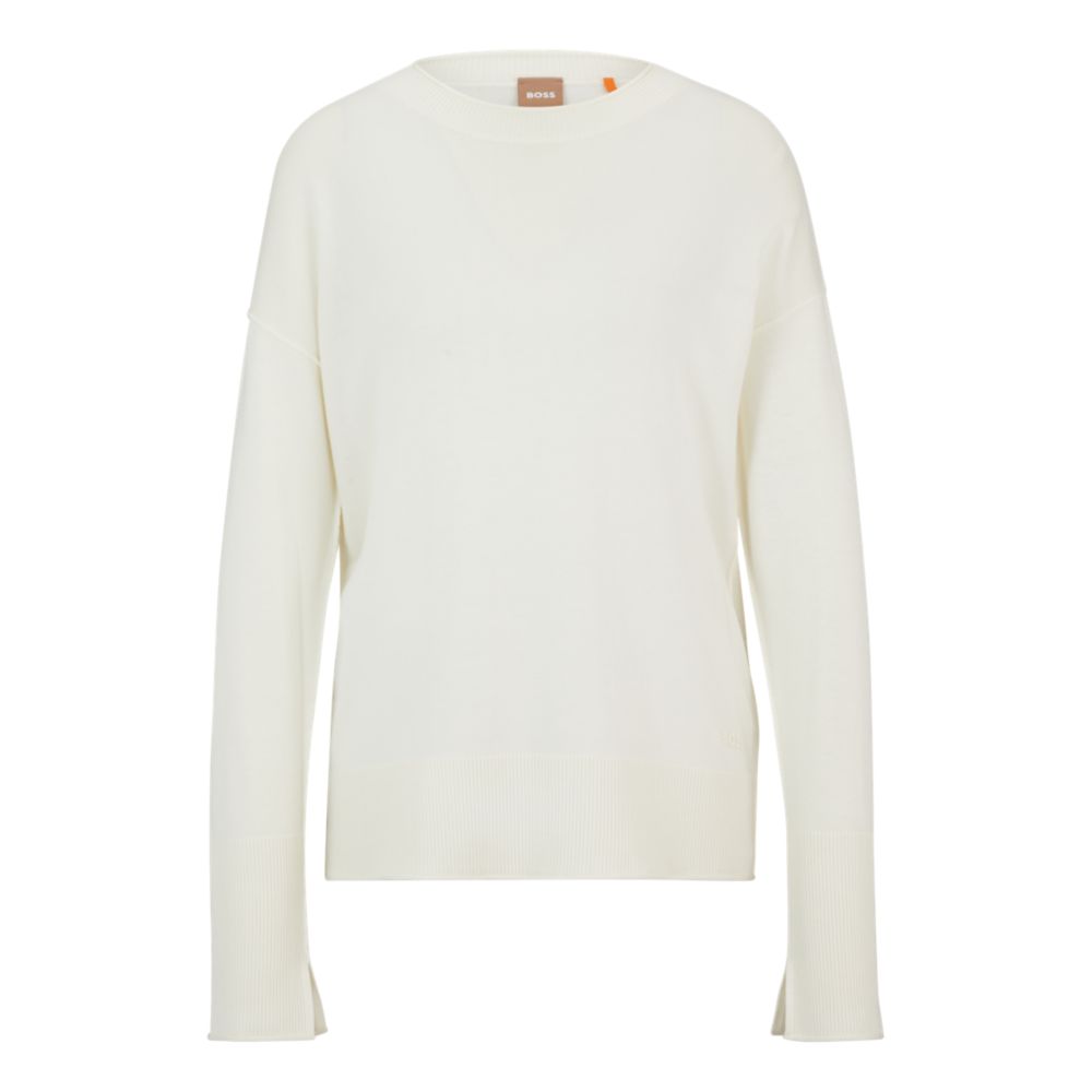 Hugo Boss Crew-neck Sweater With Slit Cuffs In Neutral