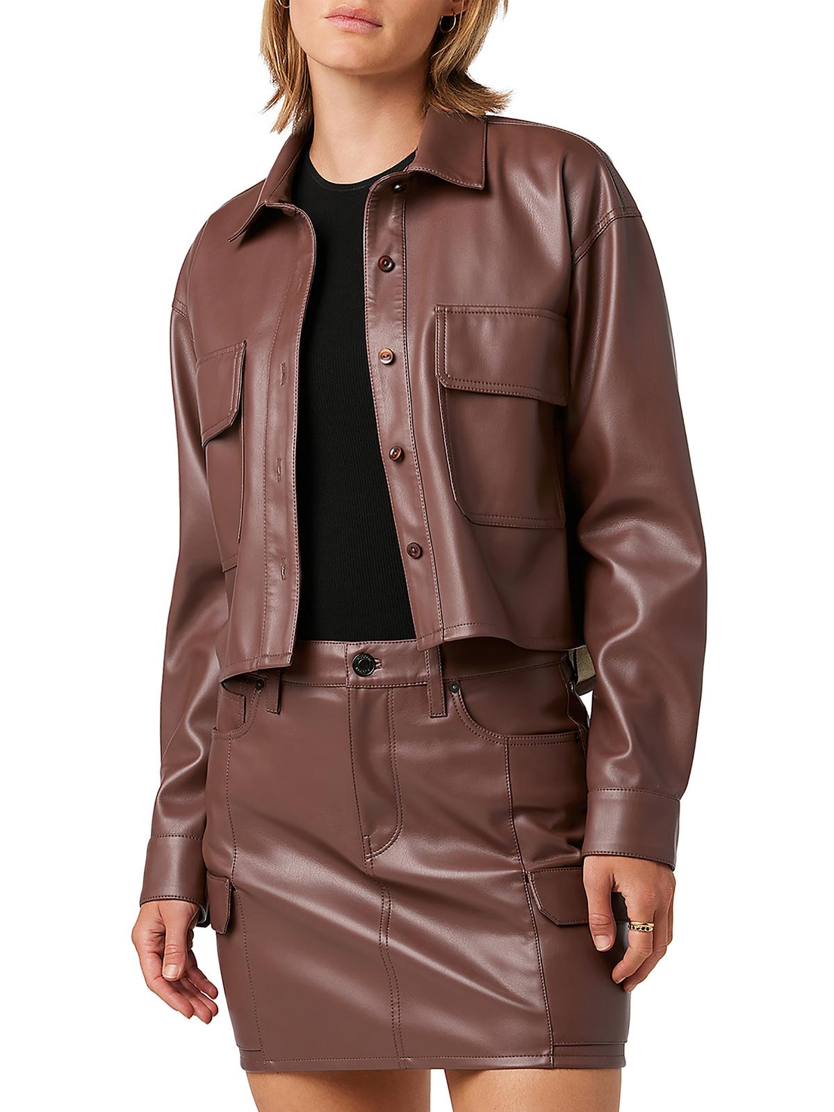 Shop Hudson Womens Faux Leather Button-down Top In Brown