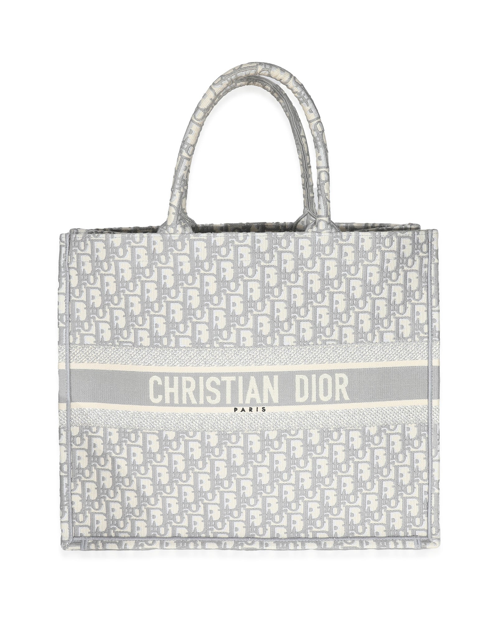 image of Christian Dior Ecru Gray Dior Oblique Embroidery Large Dior Book Tote