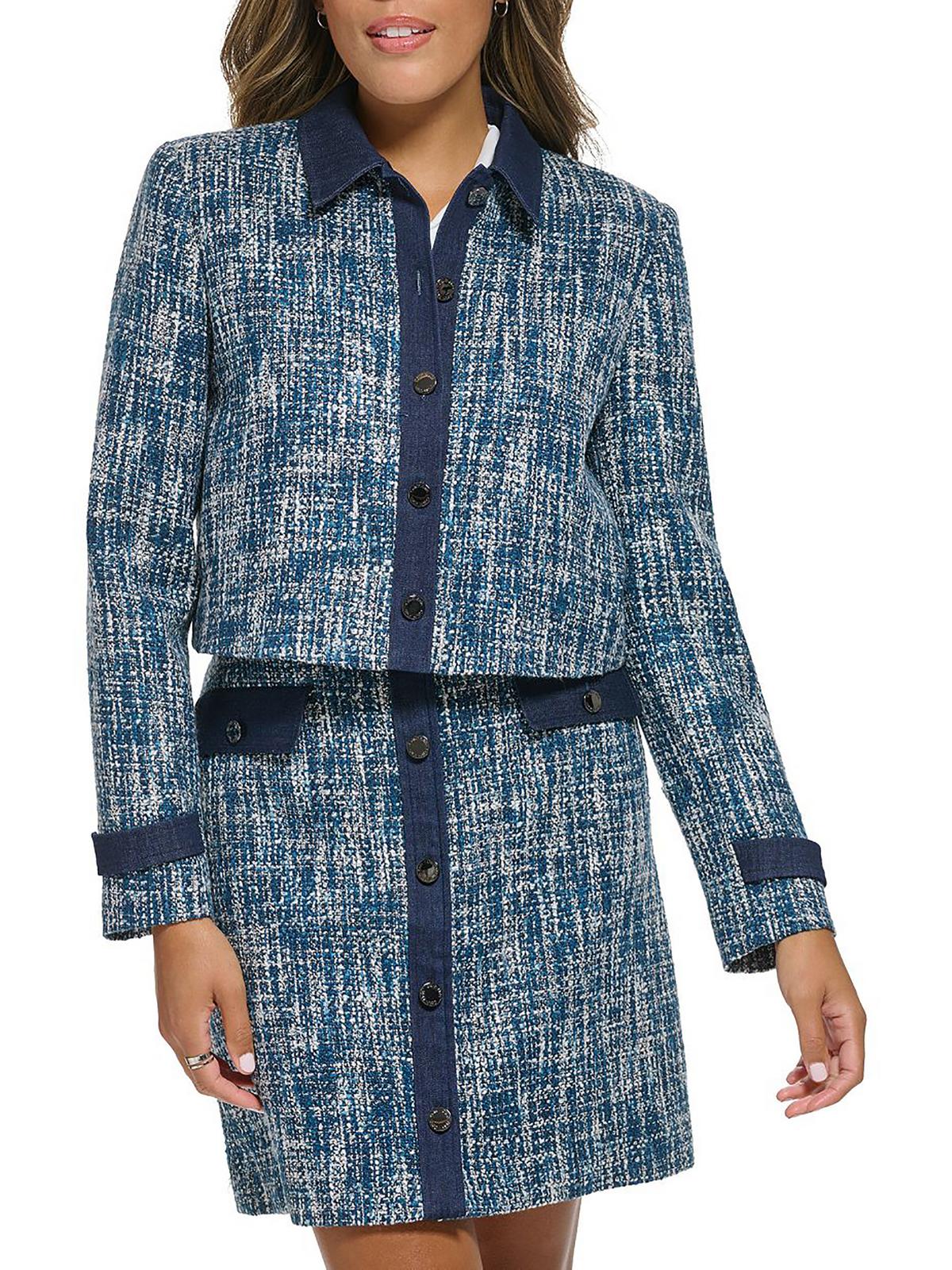 Shop Calvin Klein Womens Denim Trim Crop Suit Jacket In Blue