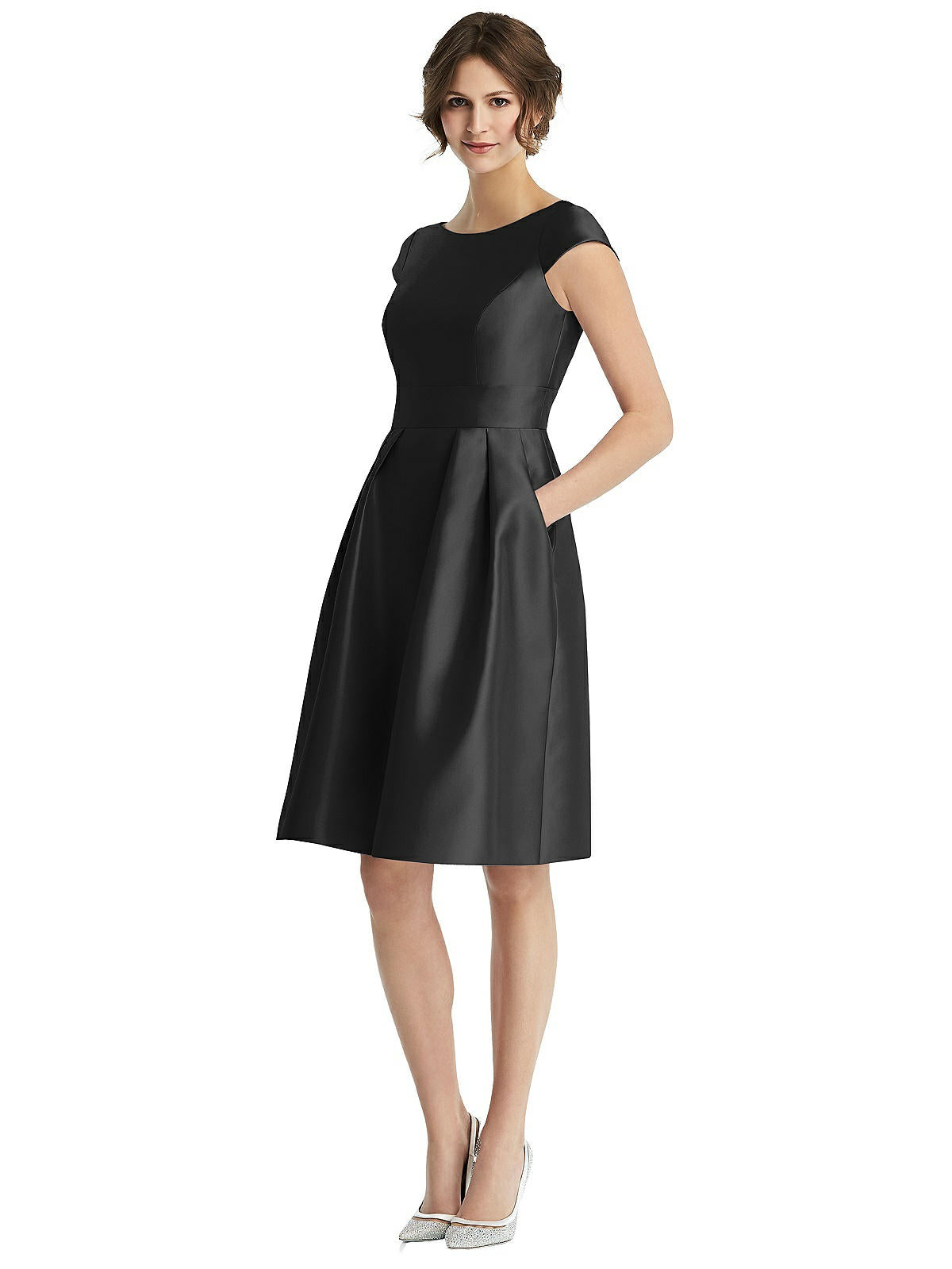 Shop Alfred Sung Cap Sleeve Pleated Cocktail Dress With Pockets In Black