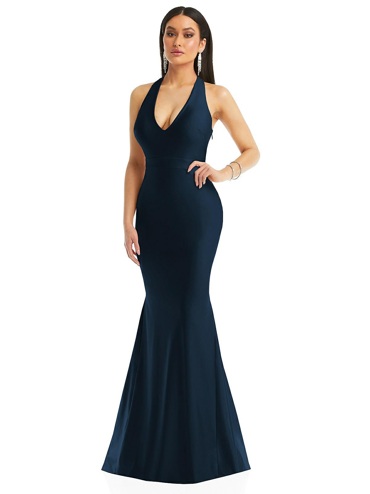 Shop Cynthia & Sahar Plunge Neckline Cutout Low Back Stretch Satin Mermaid Dress In Blue