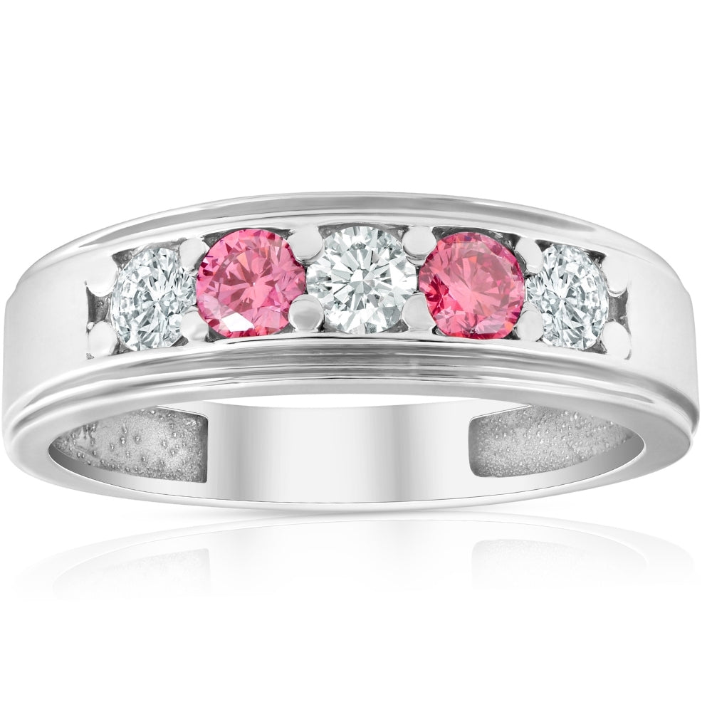 Pompeii3 1 Ct T. W. Pink & White Lab Grown Diamond Mens Wedding Ring 5-stone White Gold