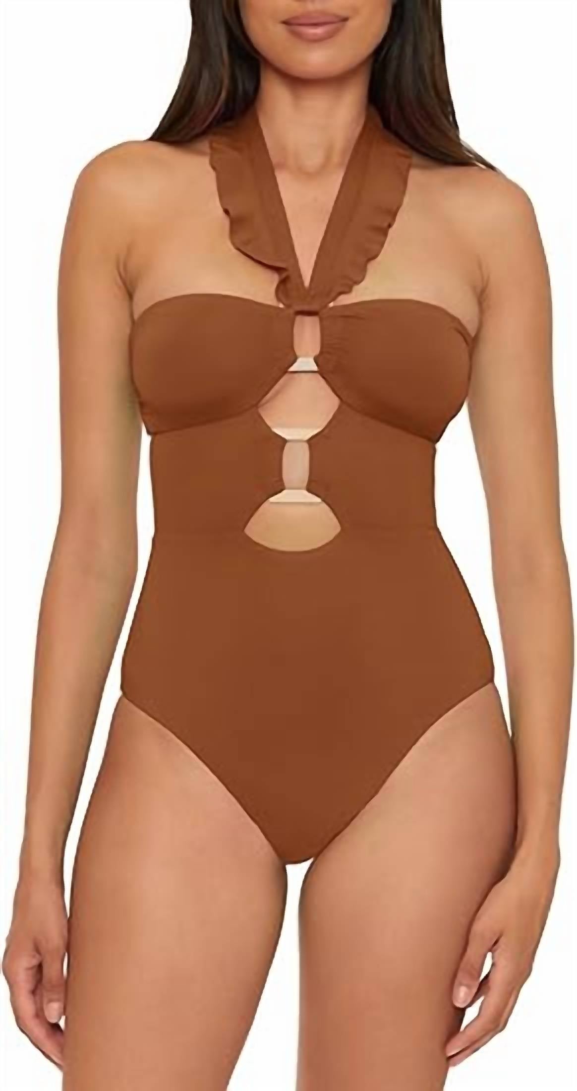 Soluna Standard Buckle Up One Piece Bandeau Swimsuit With Cut Out Neck In Brown In Brown