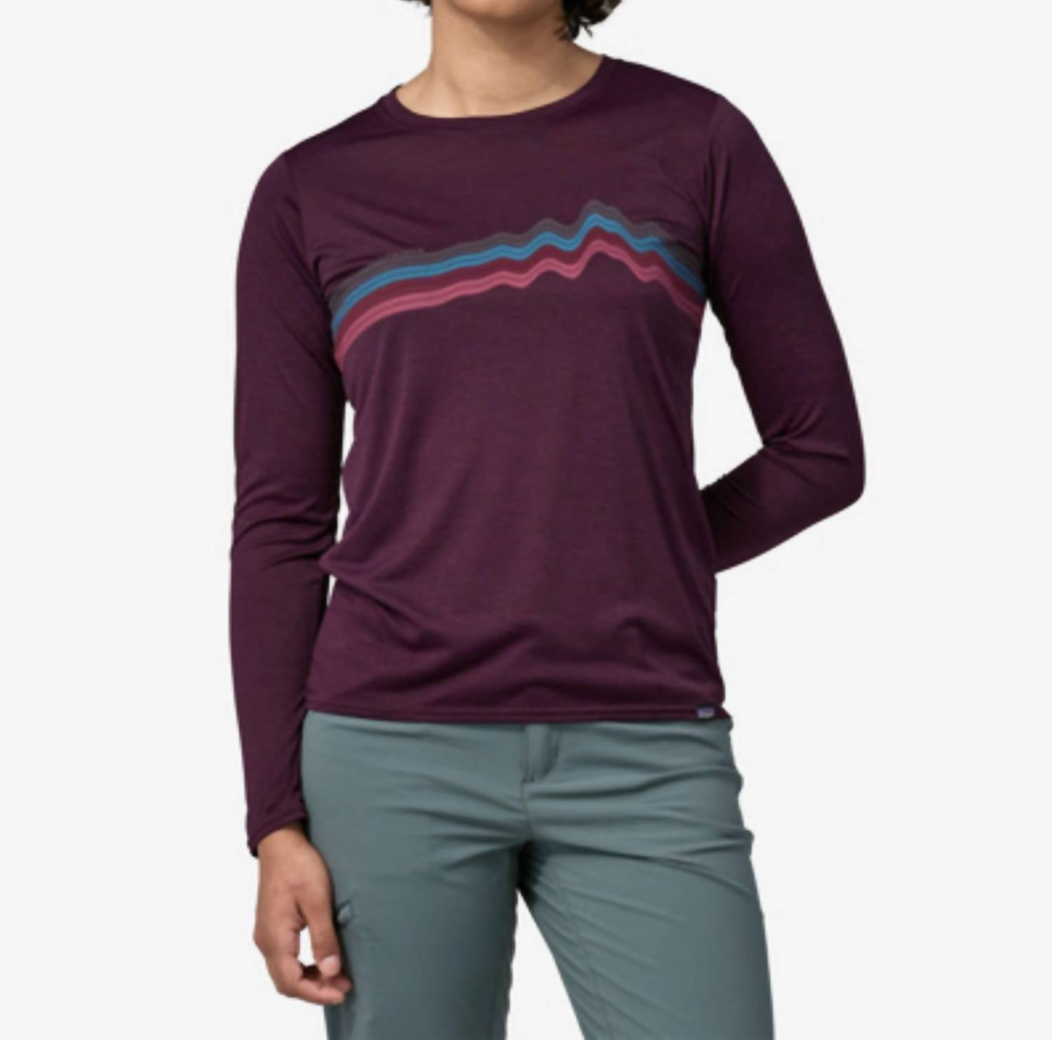 Patagonia Women's Long-sleeved Cool Daily Graphic Shirt In Ridge Rise Stripe/night Plum X-dye In Red