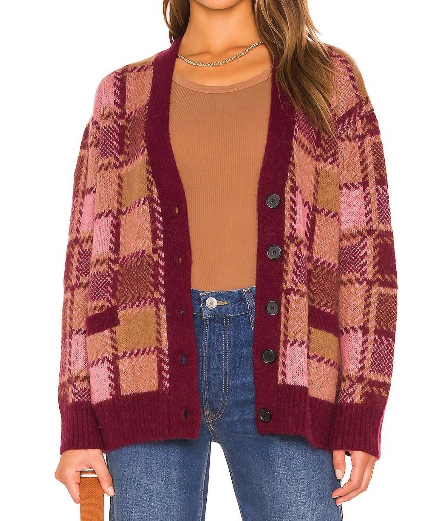 Shop Re/done 90s Oversized Cardigan In Mulberry Plaid In Pink