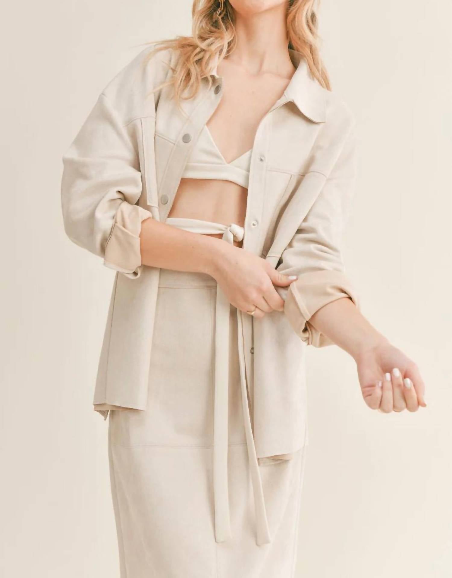 Shop Sage The Label The Gallery Suede Oversized Shirt In Tan In Beige