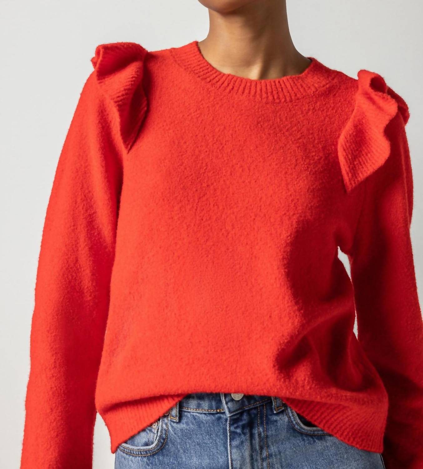 Shop Lilla P Easy Ruffle Crewneck Sweater In Flame In Orange