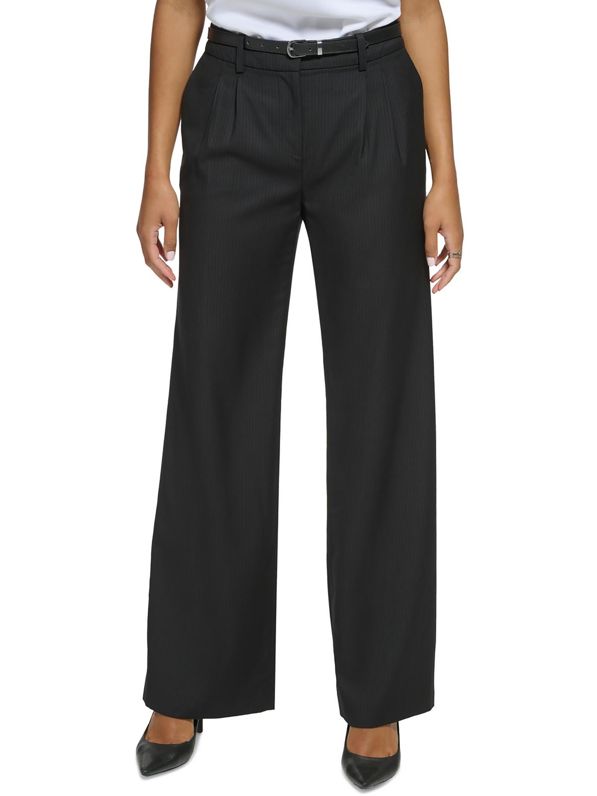 Calvin Klein Womens Pleated Pinstripe Wide Leg Pants In Black