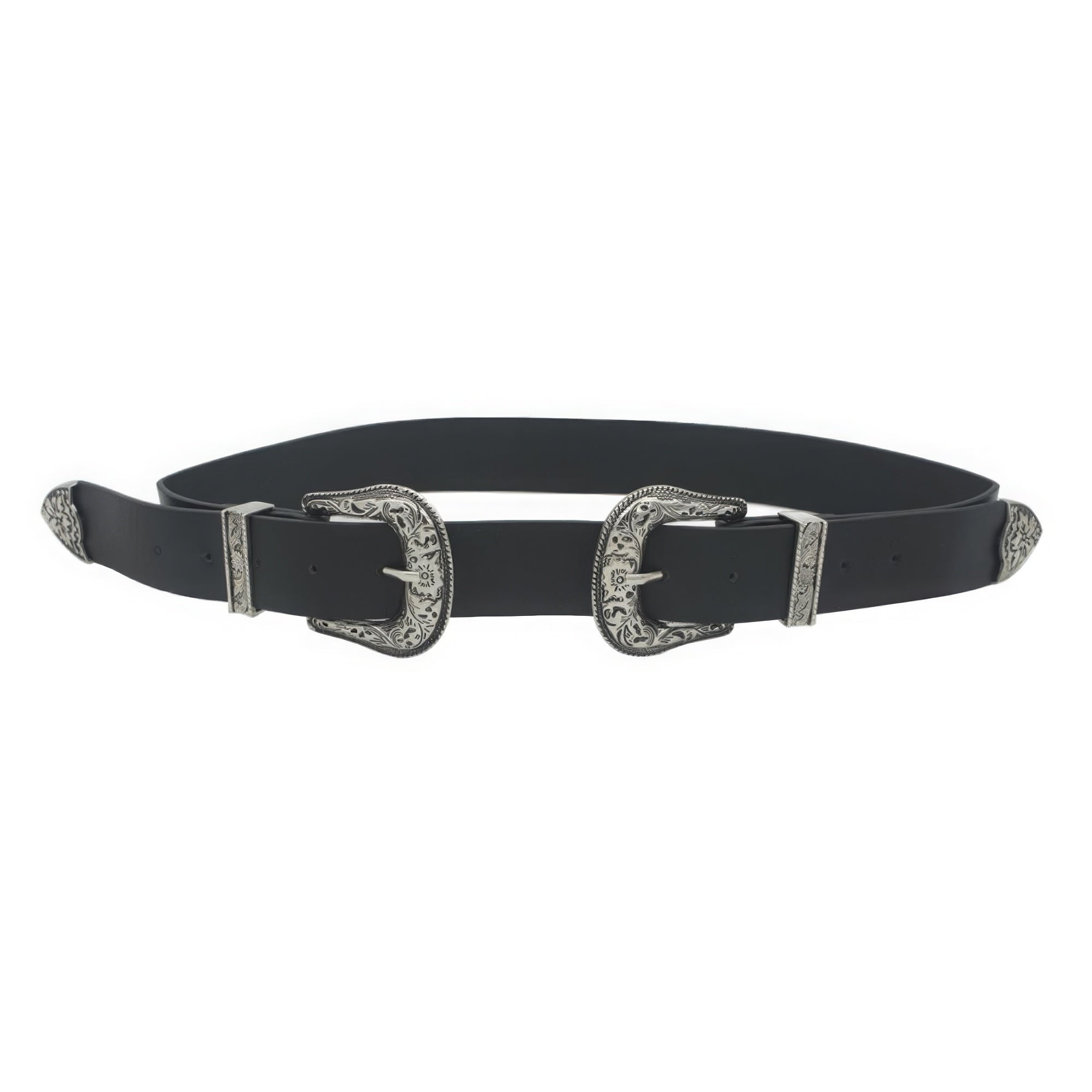 FASHNZFAB Women's Floral Embossed Double Buckle Western Belt