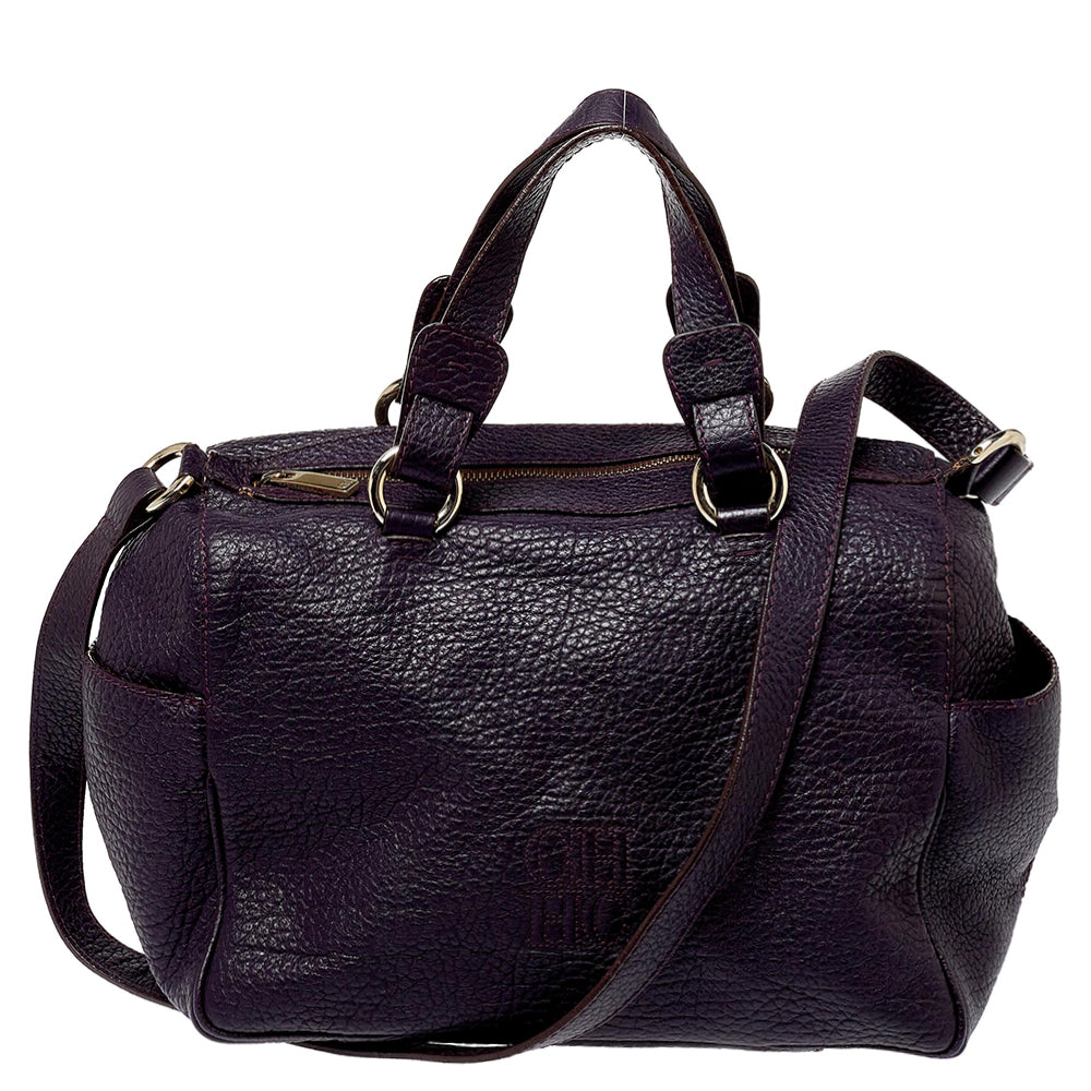 Shop Carolina Herrera Dark Grained Leather Boston Bag In Purple