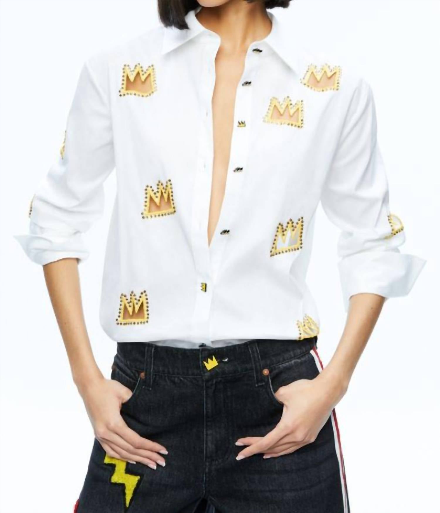 Alice And Olivia Finely Embellished Crown Cutout Button-front Shirt In White
