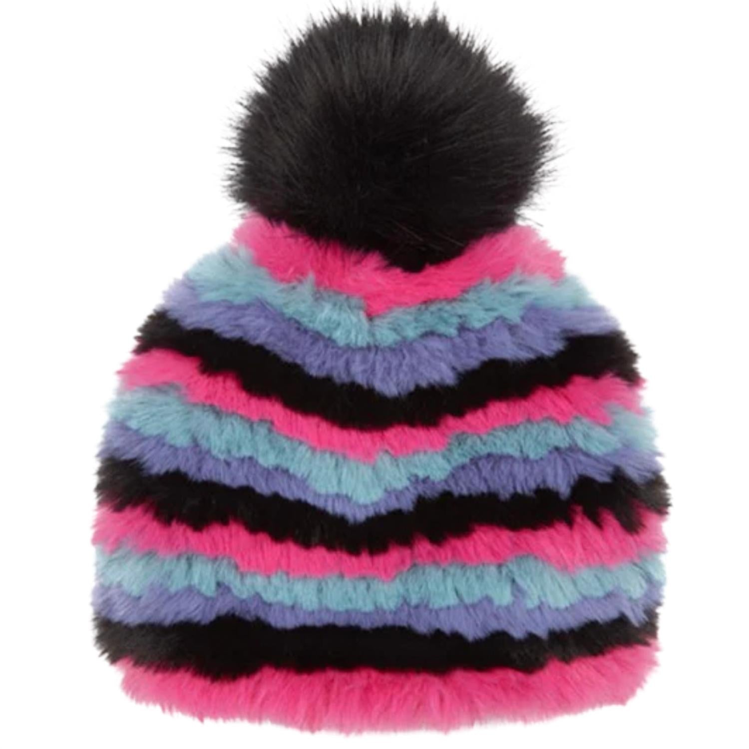 Shop Jocelyn Women's Snow Striped Faux Fur Fully Knitted Hat In Pink Multi