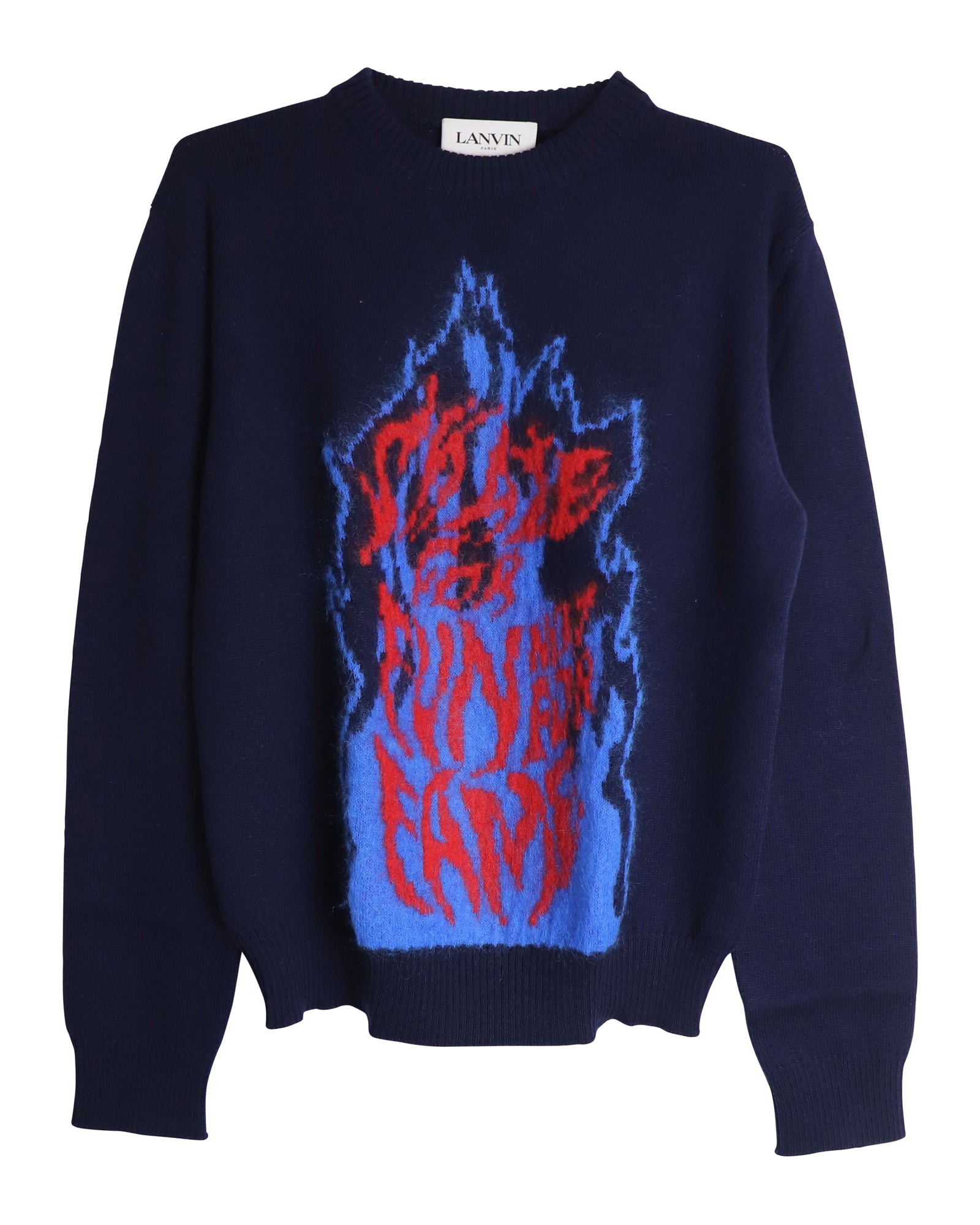 Image of Lanvin Flame Slogan Intarsia-Knit Jumper In Navy Blue Wool