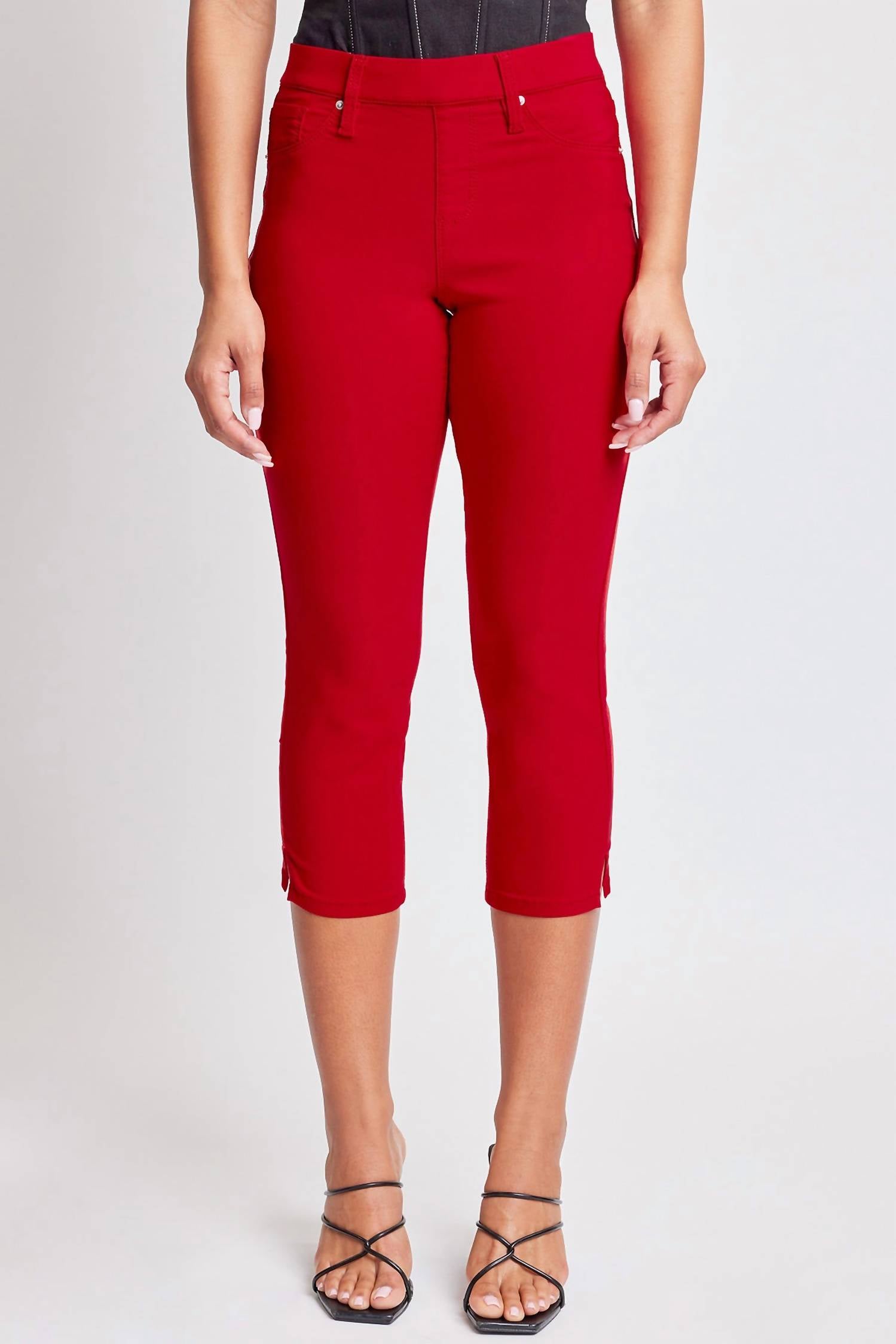 Ymi Hyperstretch Pull On Capri With Side Slit In Red