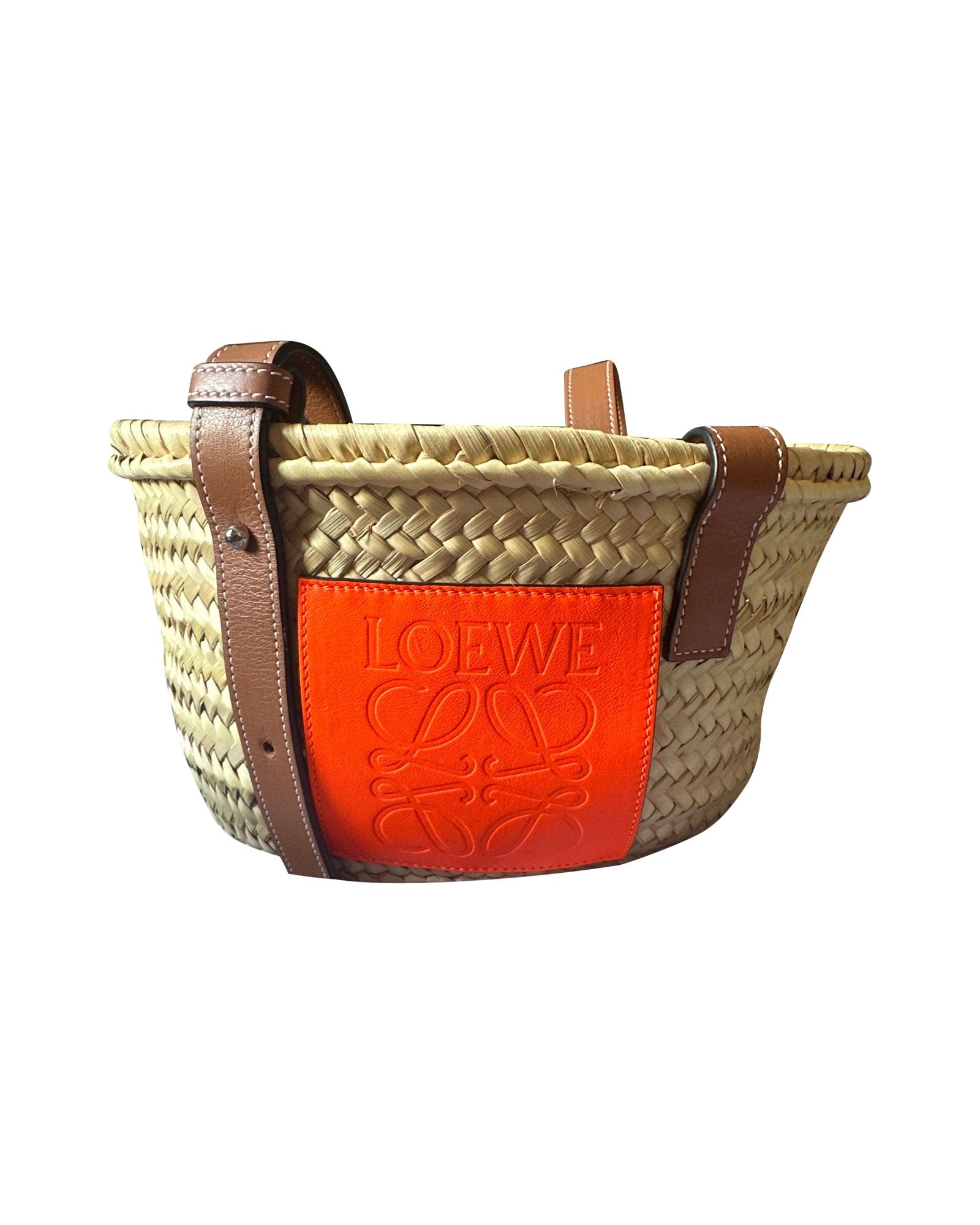 image of Loewe Small Basket Bag in Beige Raffia and Orange Calfskin Leather