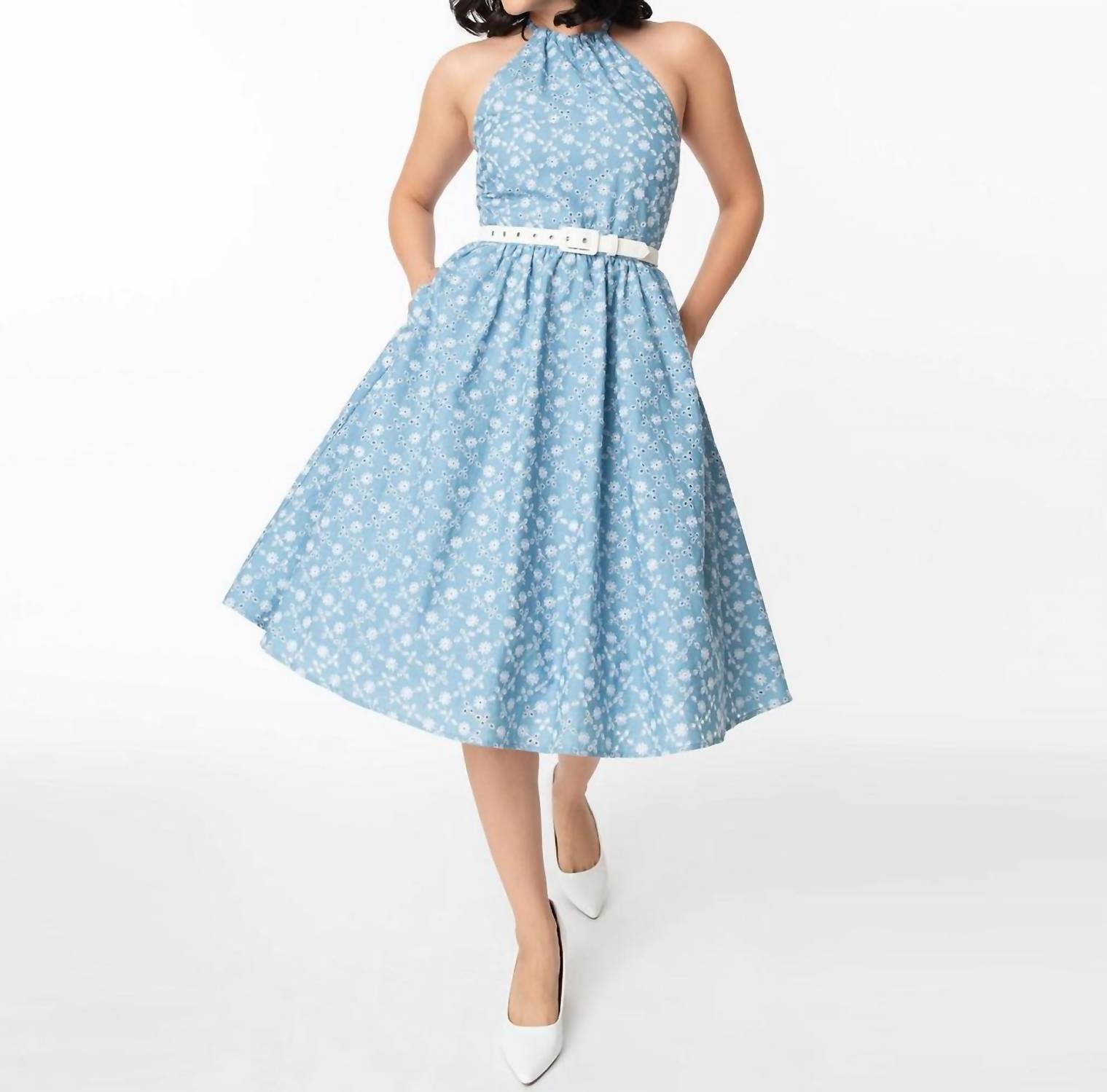Shop Unique Vintage Lombard Swing Dress In Chambray In Blue