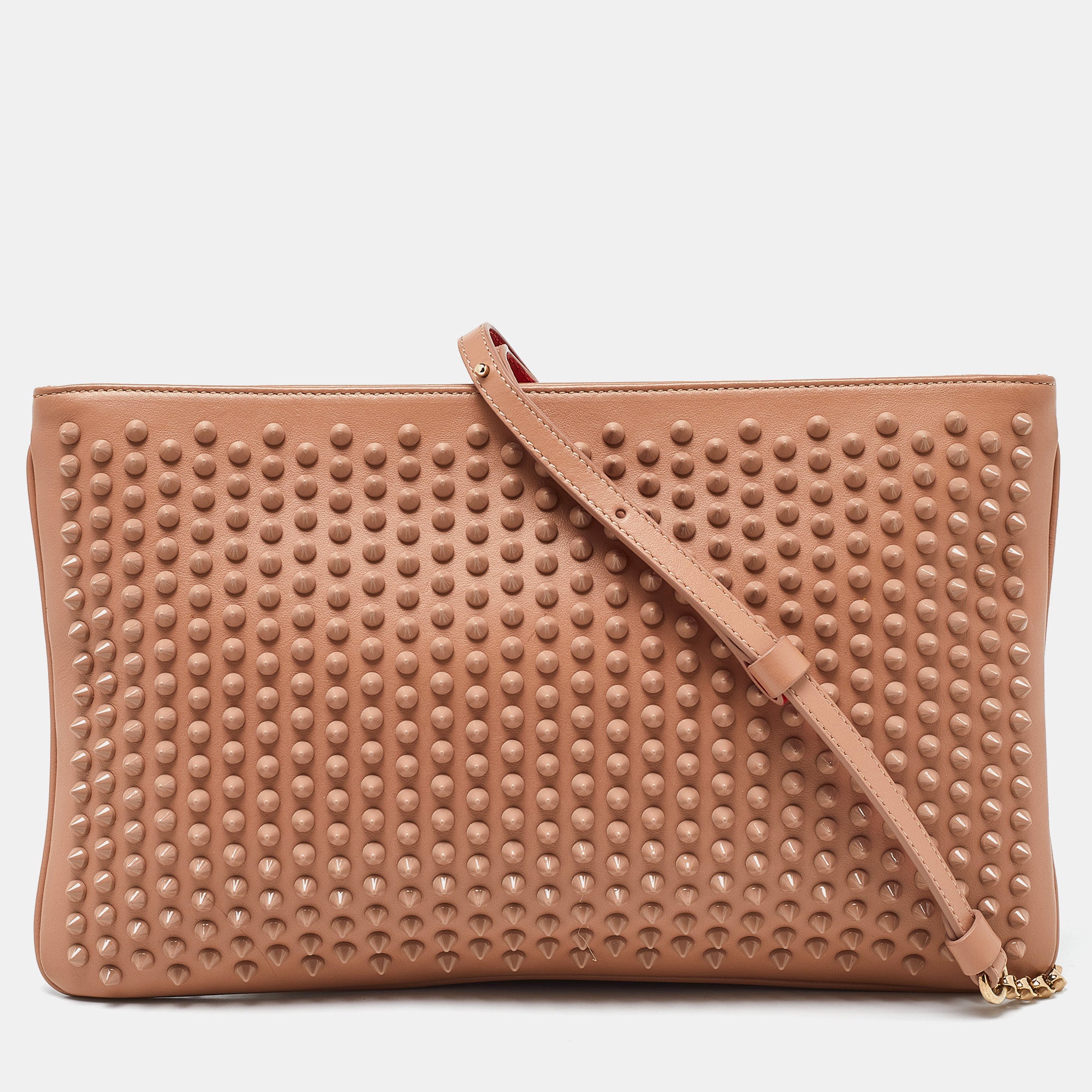 Christian Louboutin Leather Triloubi Spiked Shoulder Bag In Beige